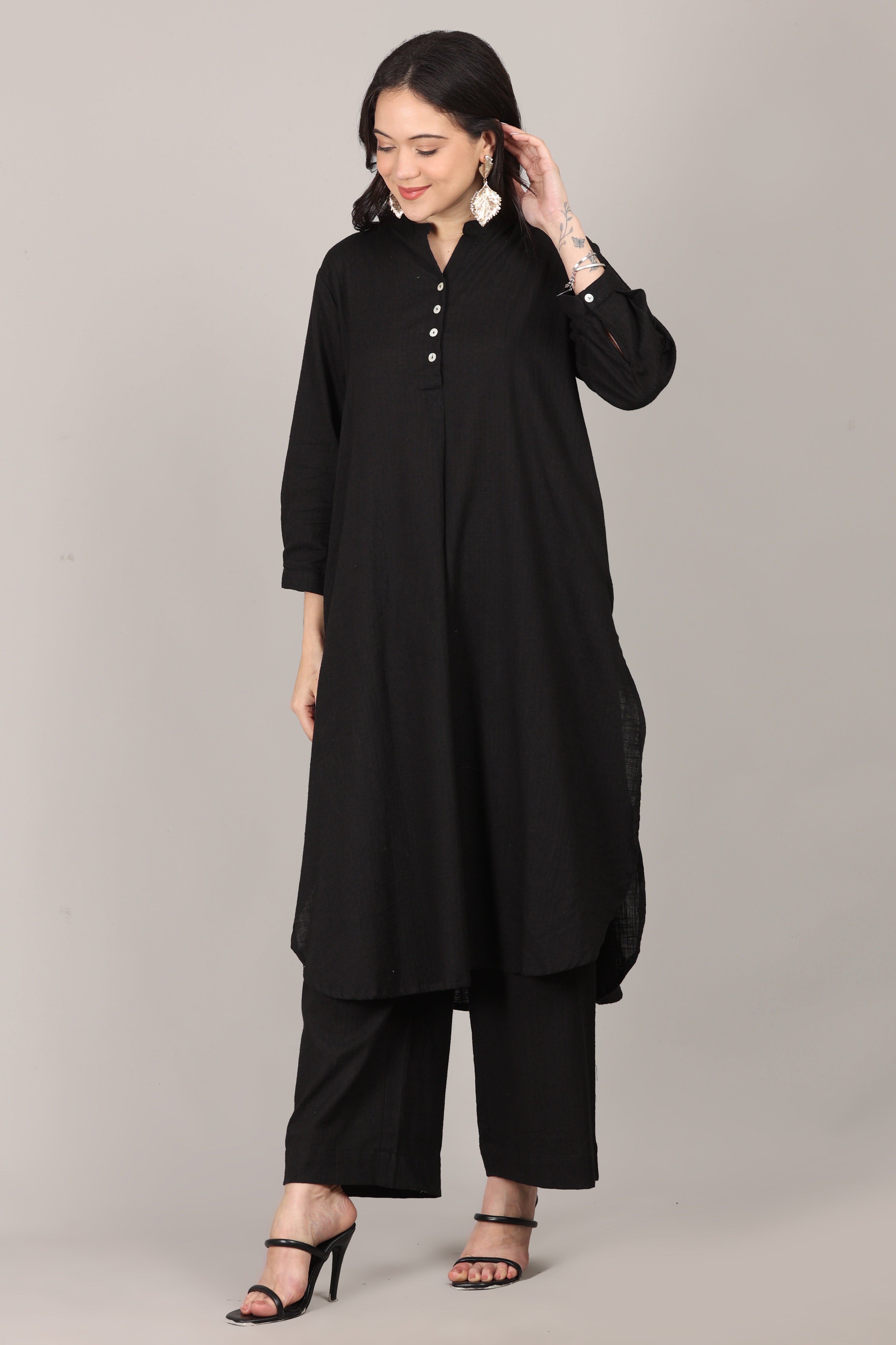 Black Dobby Striped Cotton A-Line Kurta Pant Co-Ord Set (Sukoon)