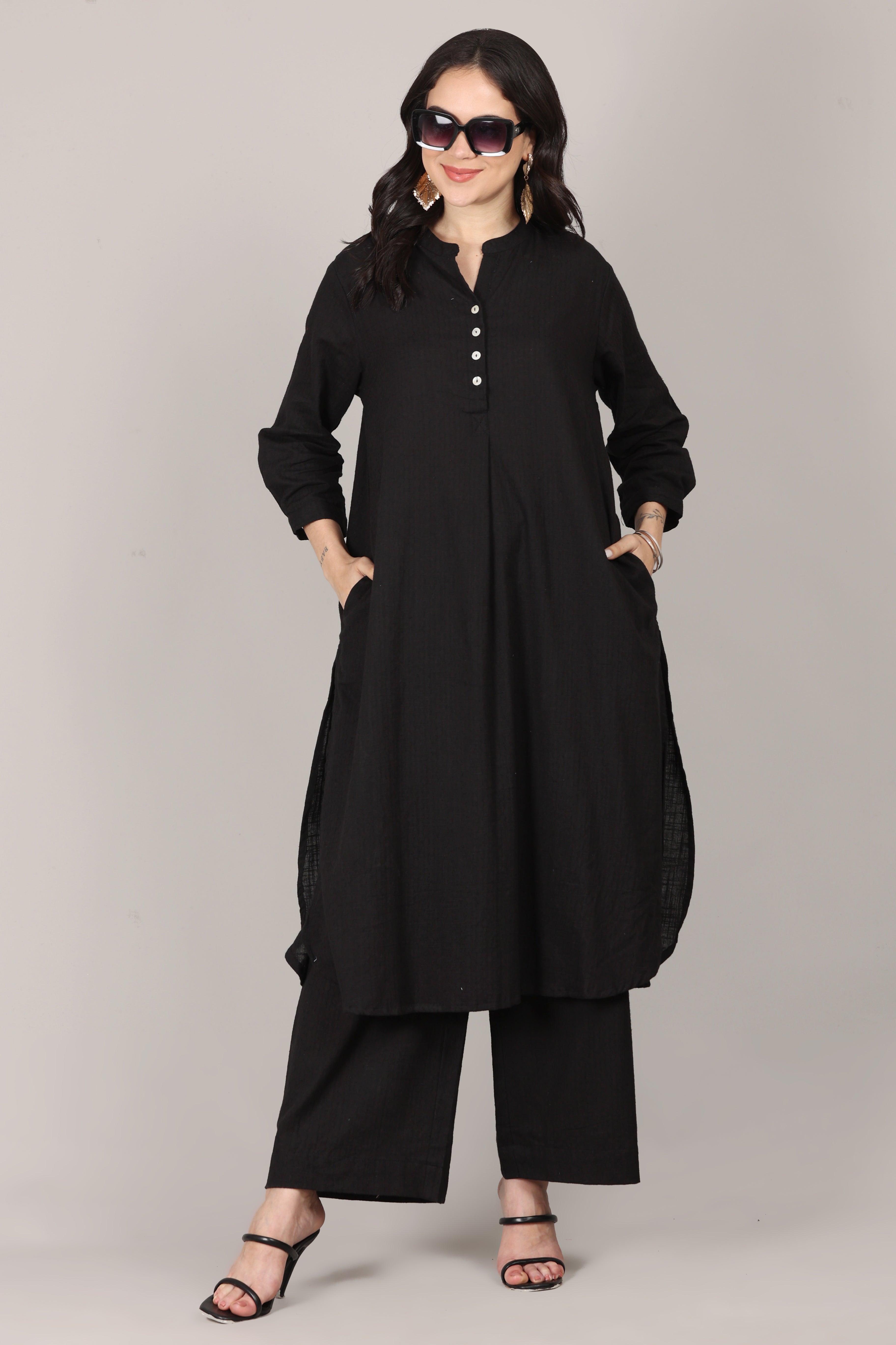 Black Dobby Striped Cotton A-Line Kurta Pant Co-Ord Set (Sukoon)
