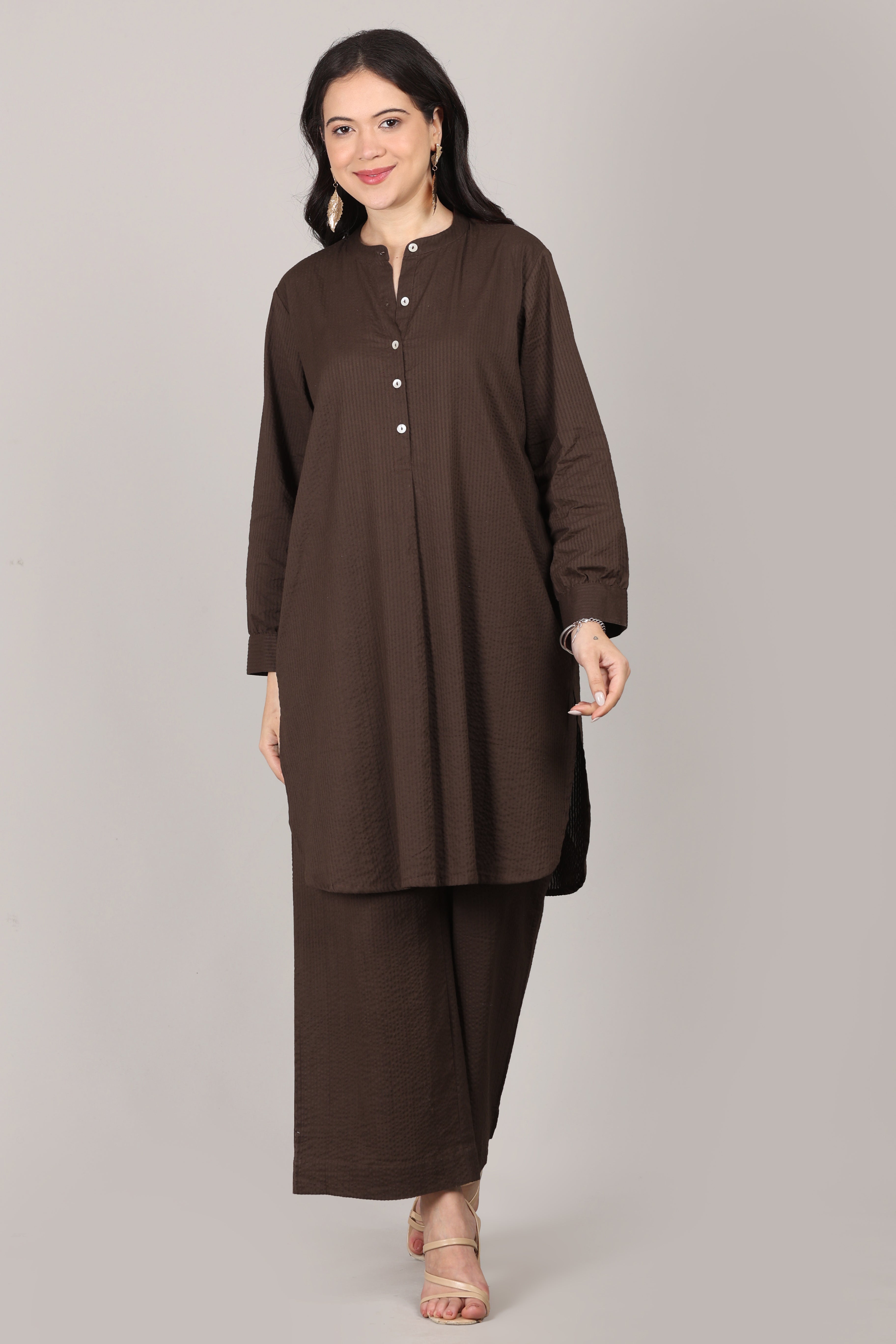 Thick Chocolate Seersucker Striped Cotton A-Line Kurta Pant Co-Ord Set