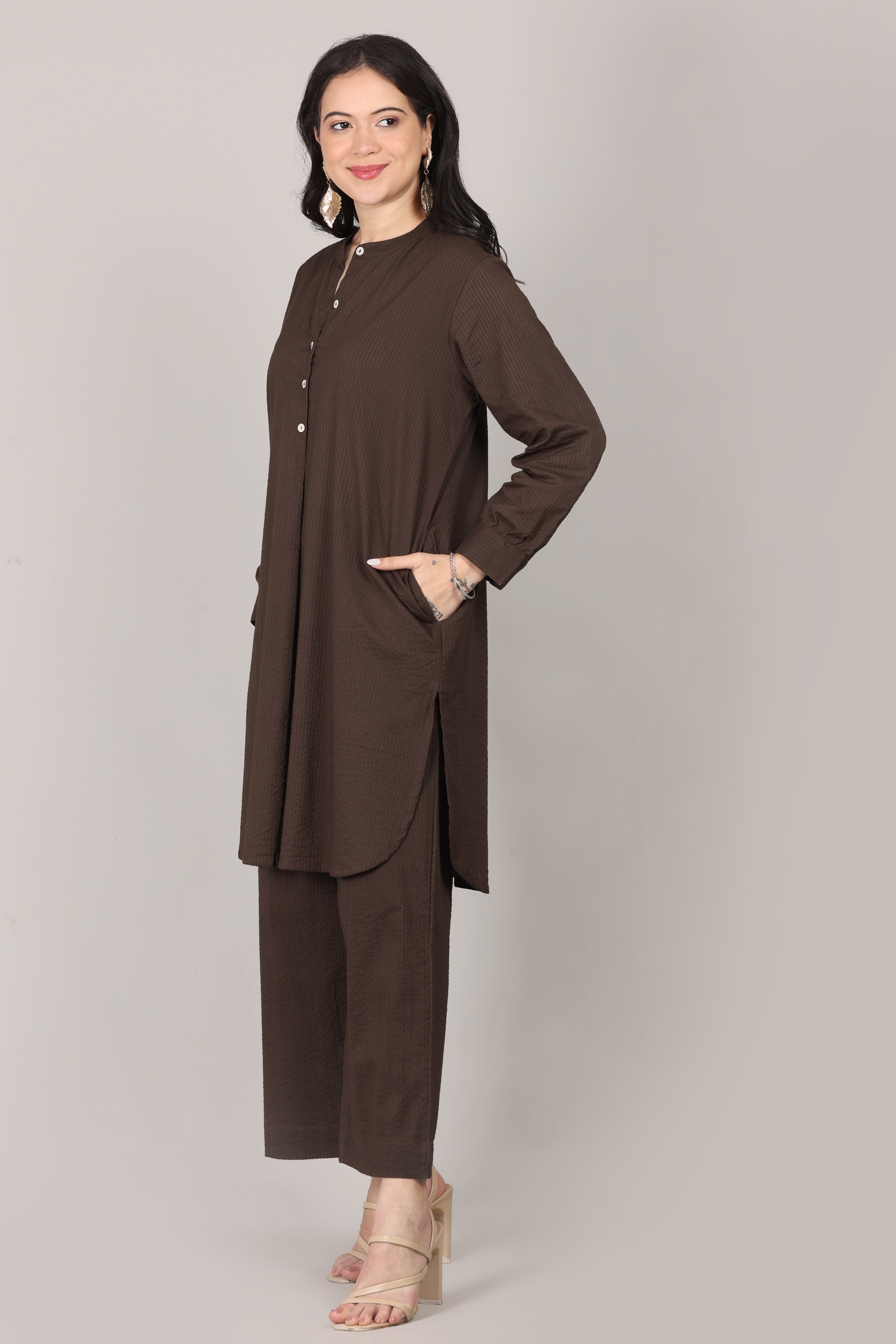 Thick Chocolate Seersucker Cotton A-Line Kurta Pant Co-Ord Set