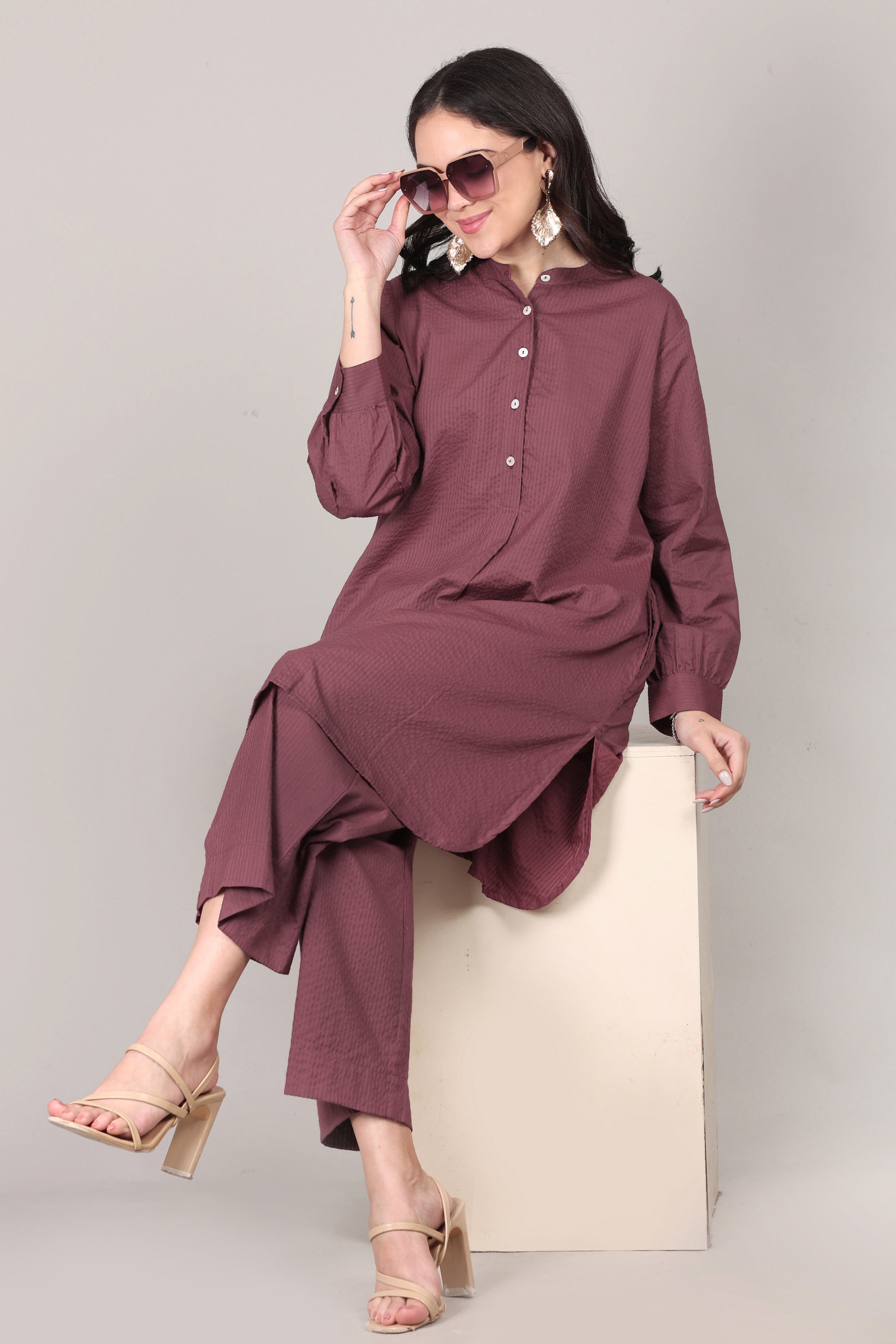 Dry Rose Seersucker Striped Cotton A-Line Kurta Pant Co-Ord Set