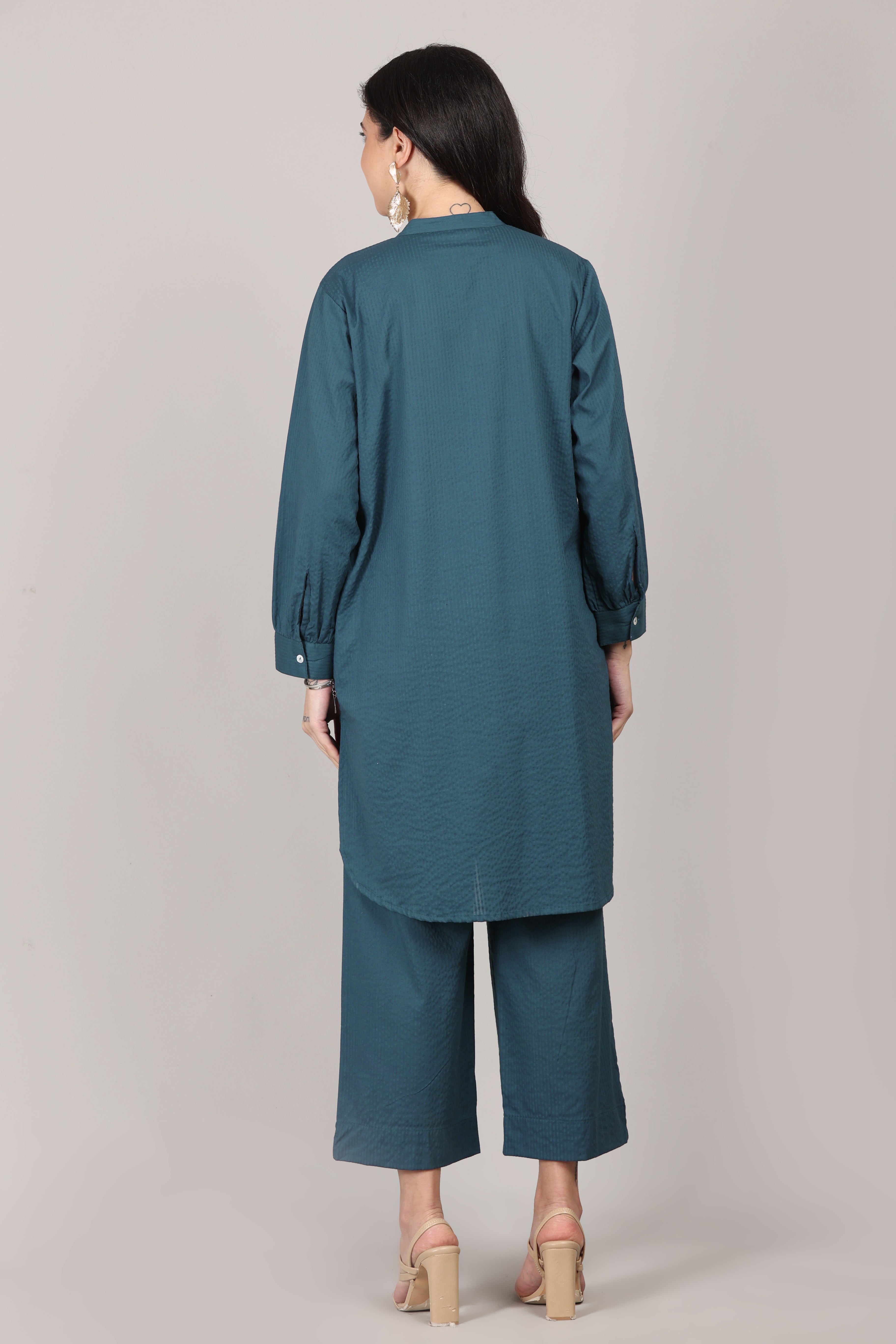 Indian Teal Seersucker Cotton A-Line Kurta Pant Co-Ord Set