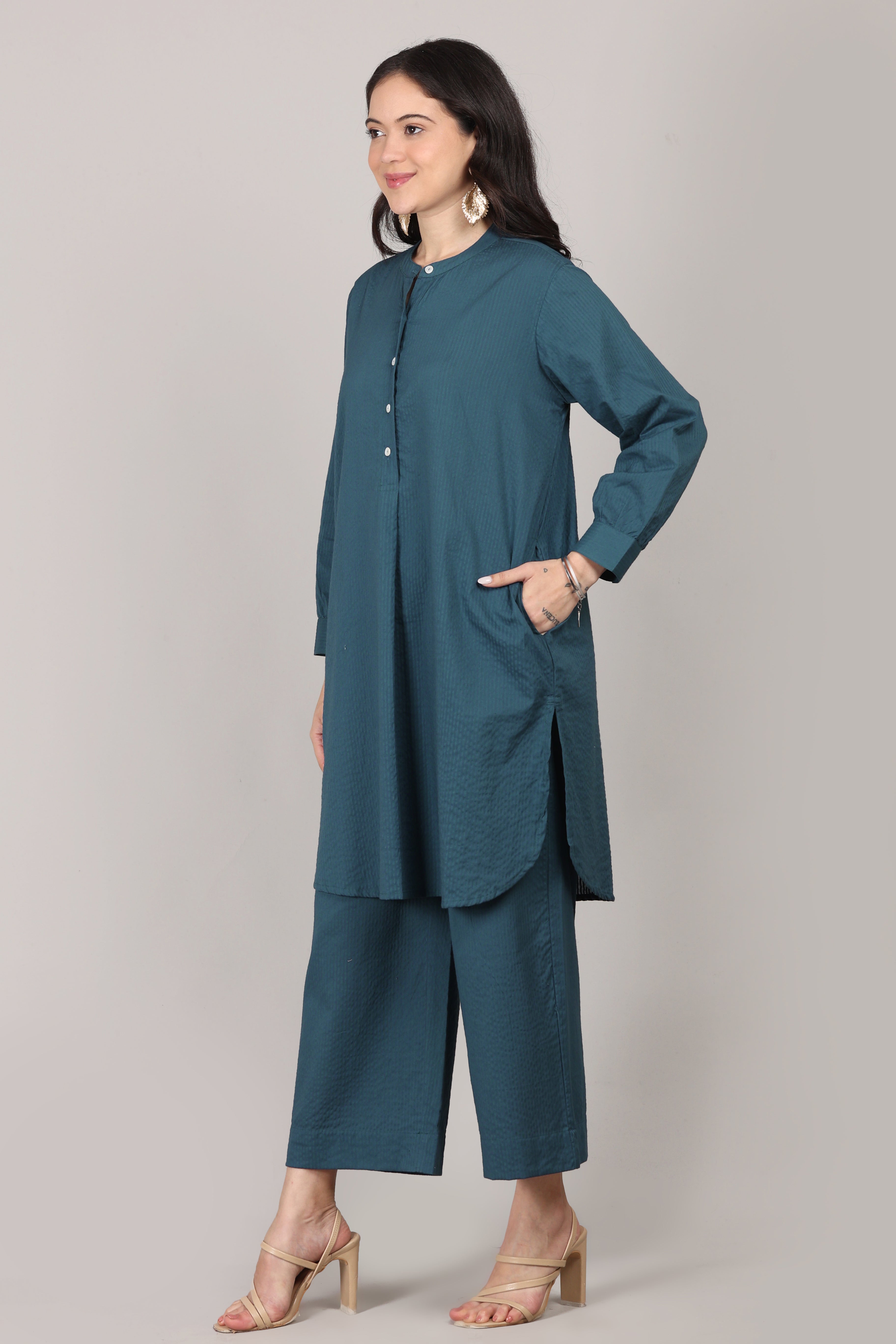 Indian Teal Seersucker Cotton A-Line Kurta Pant Co-Ord Set