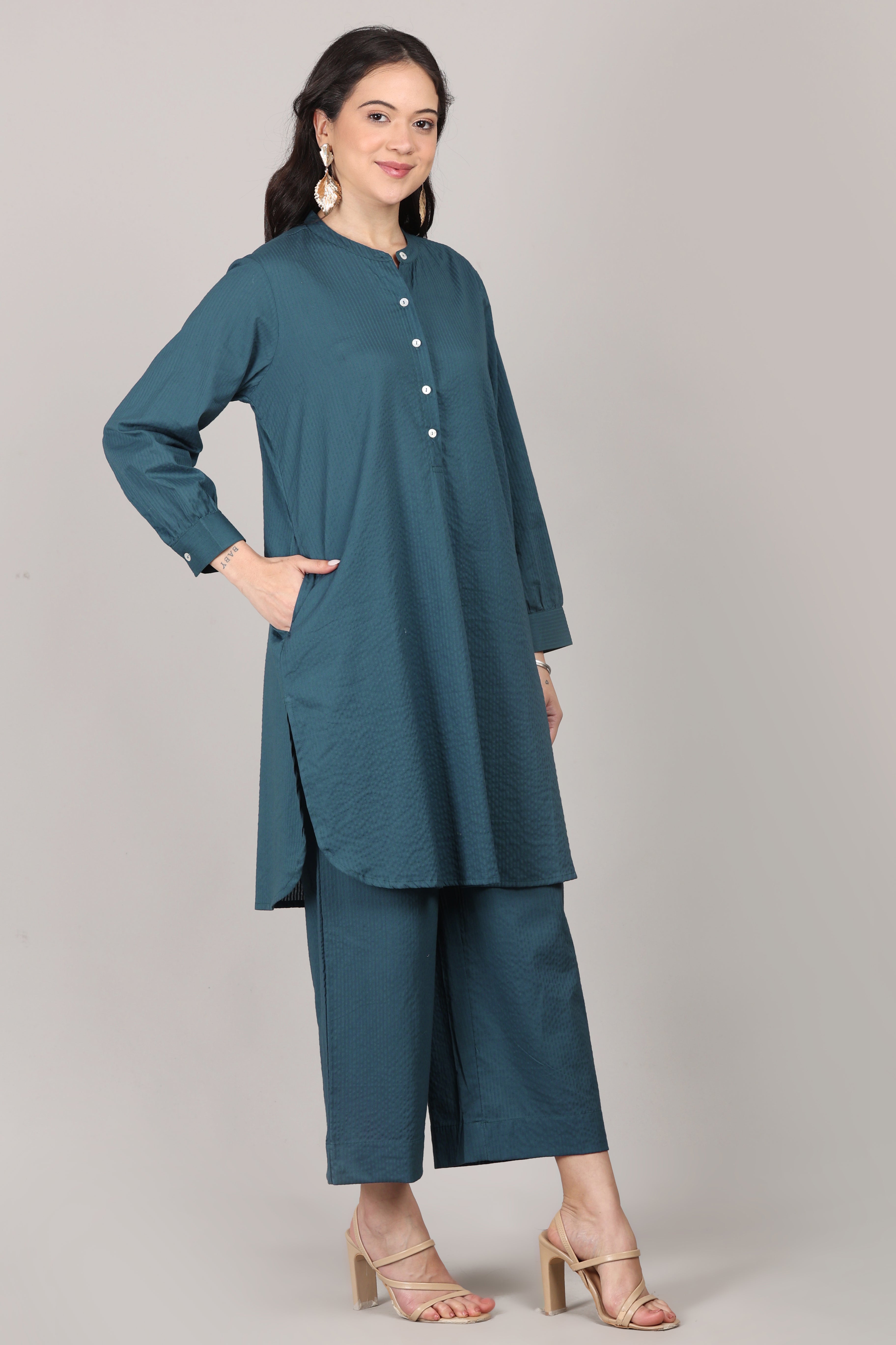 Indian Teal Seersucker Cotton A-Line Kurta Pant Co-Ord Set