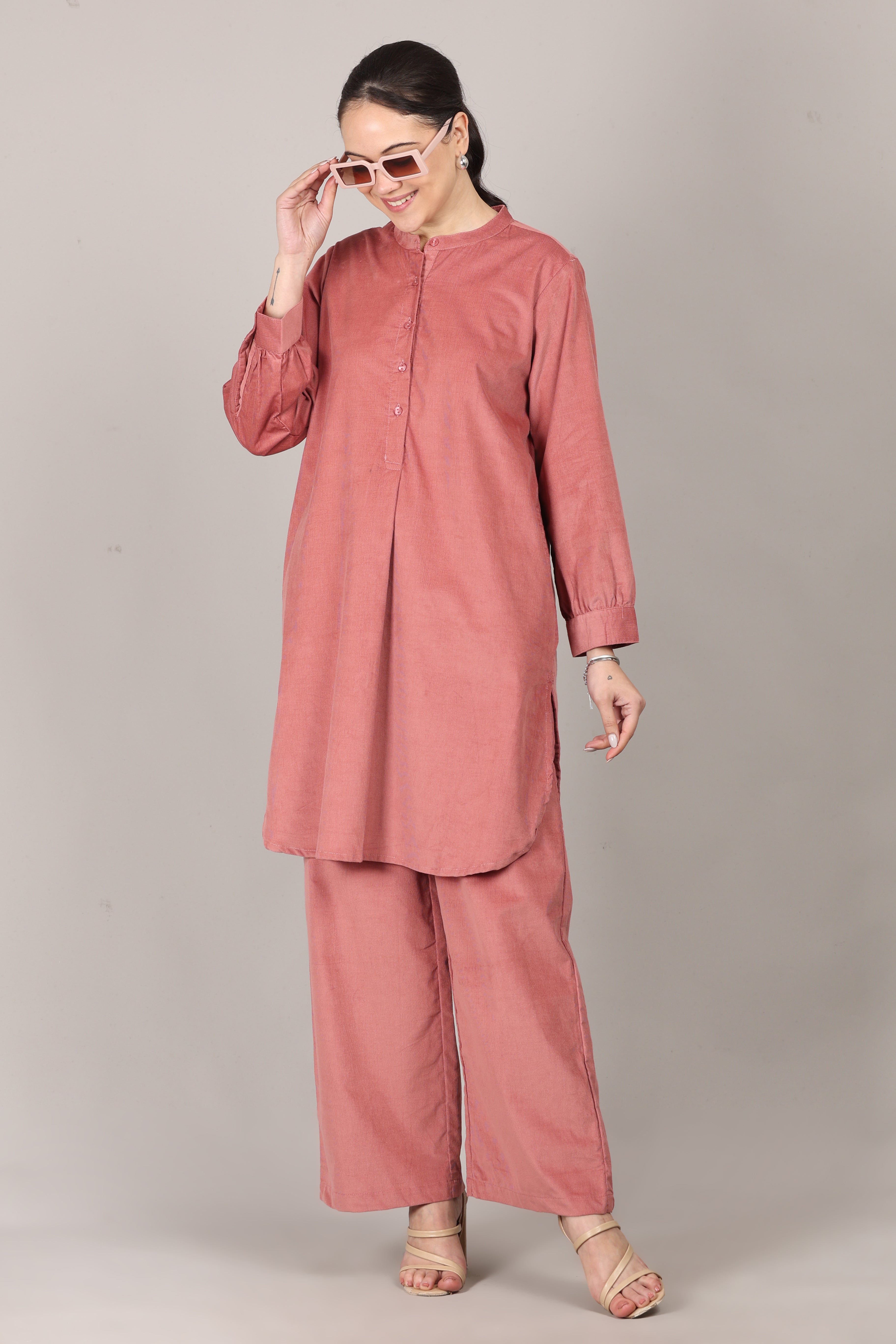 Canyon Rose Corduroy Solid Cotton A-Line Kurta Pant Co-Ord Set