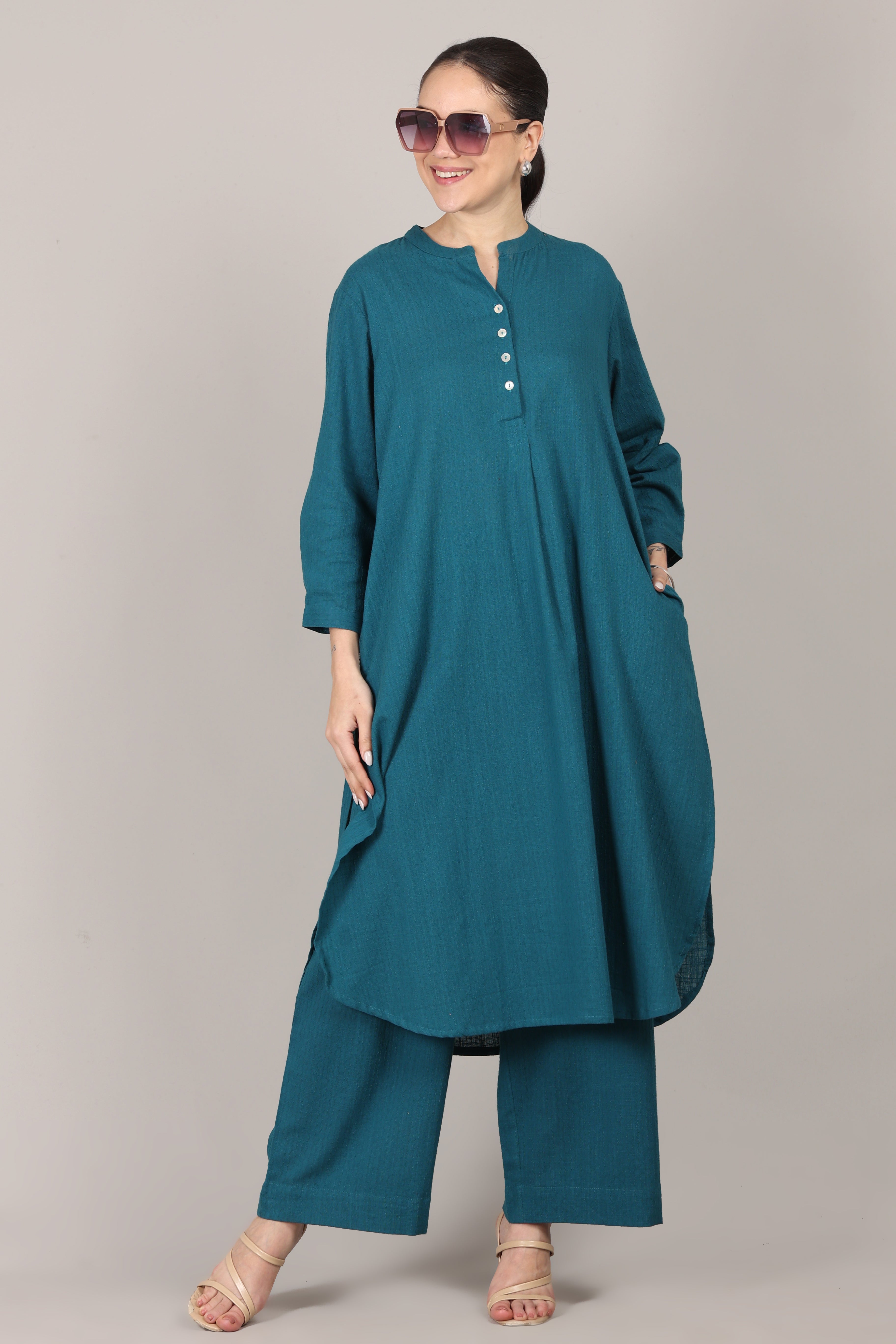 Teal Dobby Striped Cotton A-Line Kurta Pant Co-Ord Set (Sukoon)