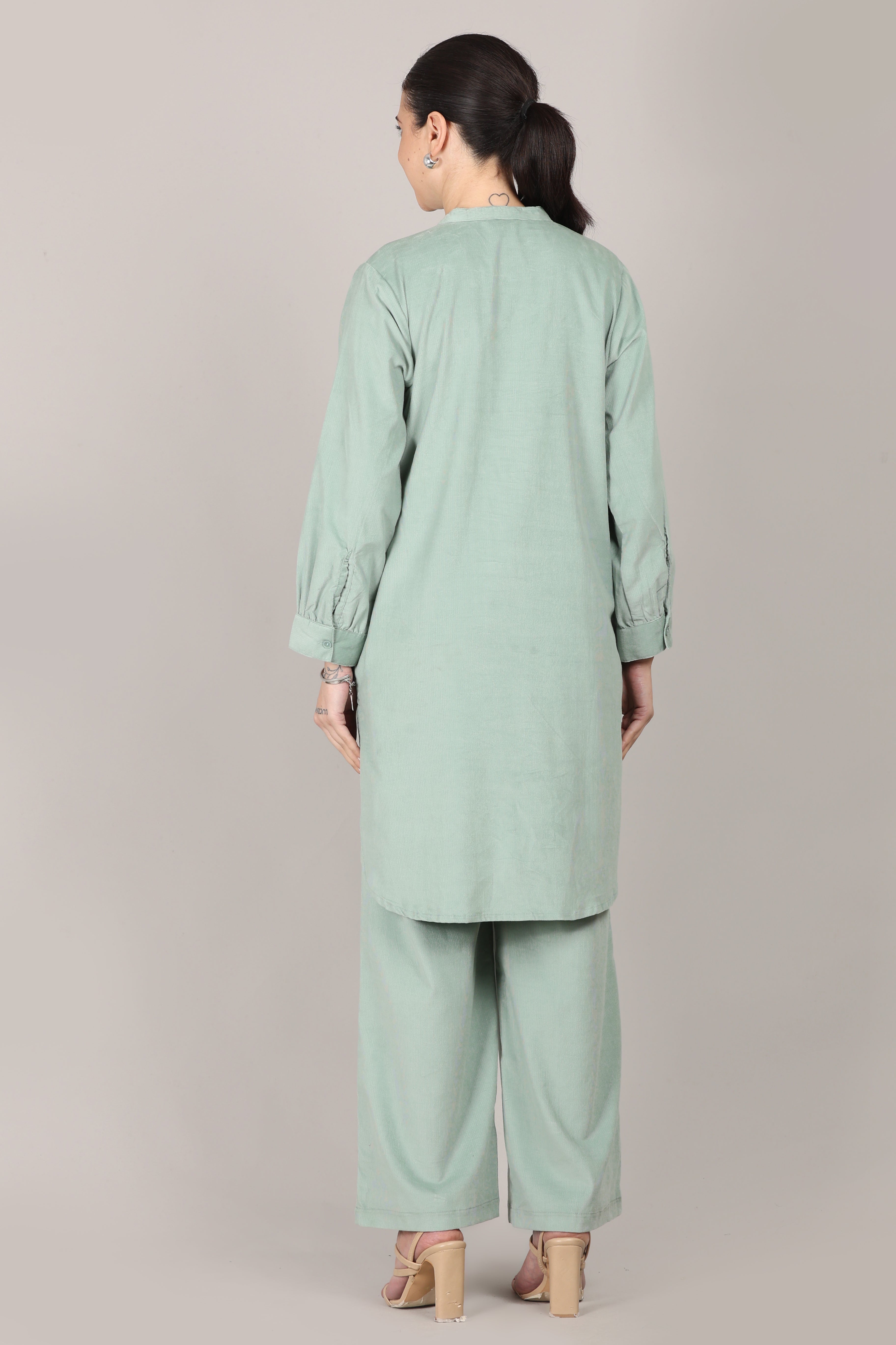 Frosty Green Corduroy Solid Cotton A-Line Kurta Pant Co-Ord Set