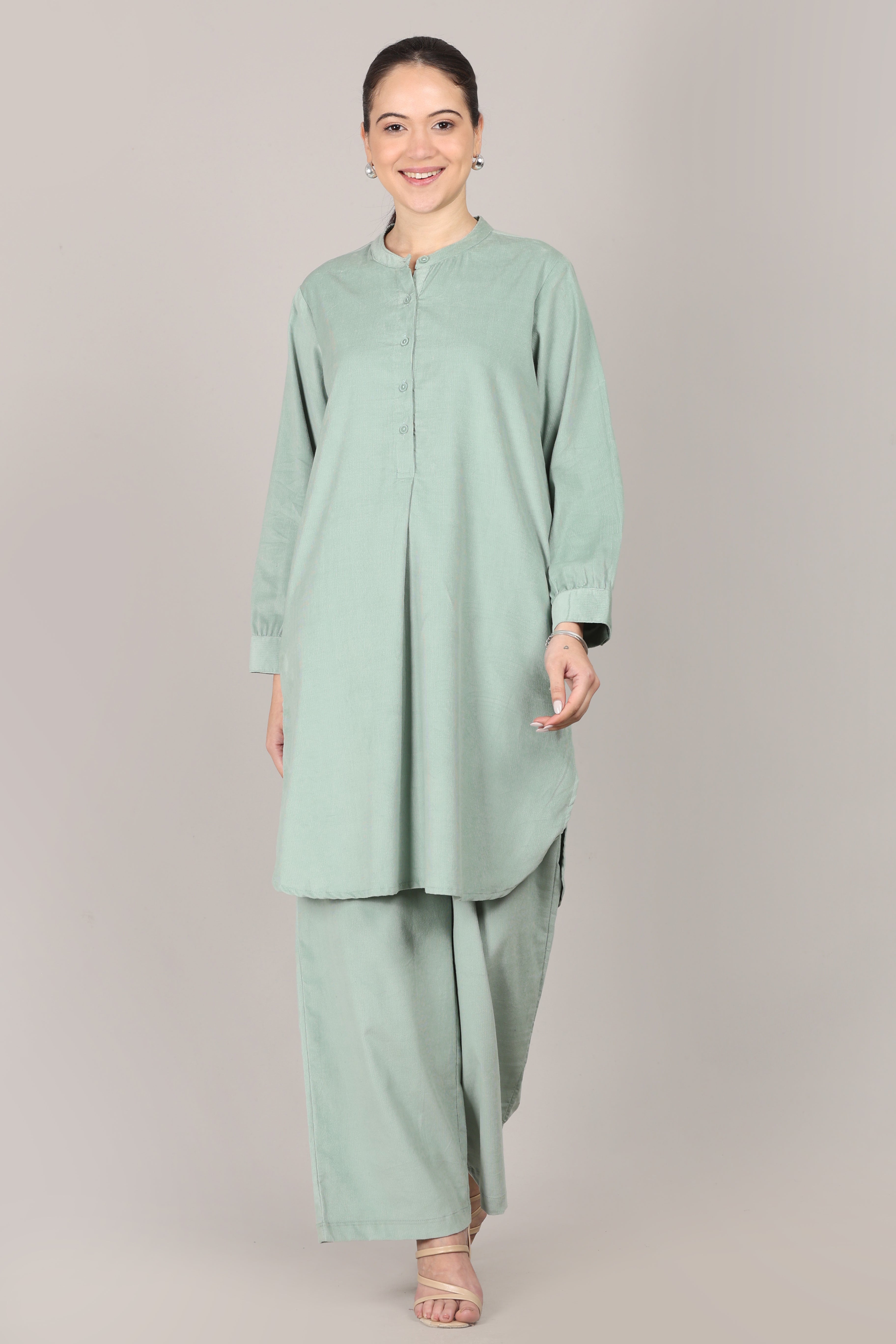 Frosty Green Corduroy Solid Cotton A-Line Kurta Pant Co-Ord Set