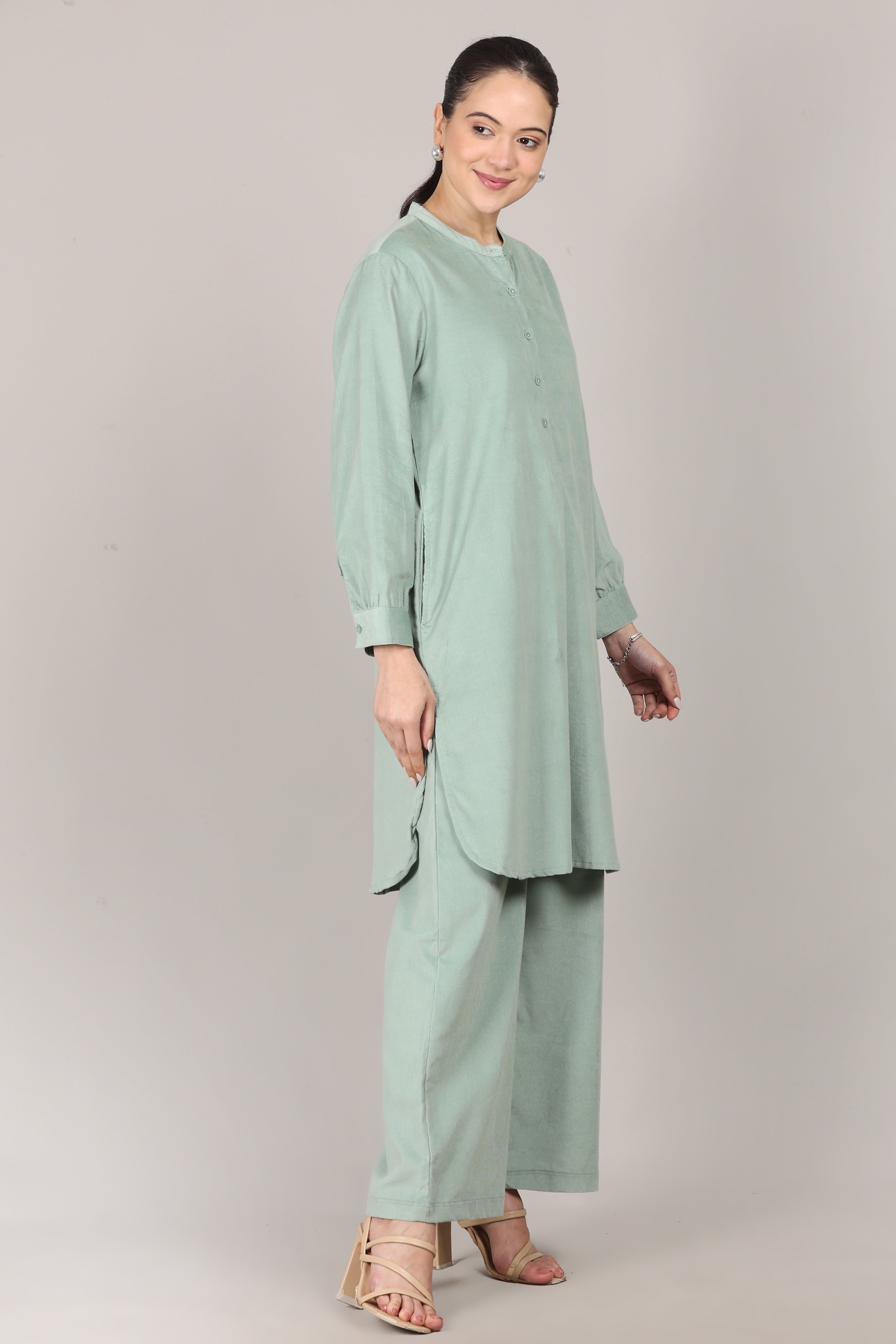 Frosty Green Corduroy Solid Cotton A-Line Kurta Pant Co-Ord Set