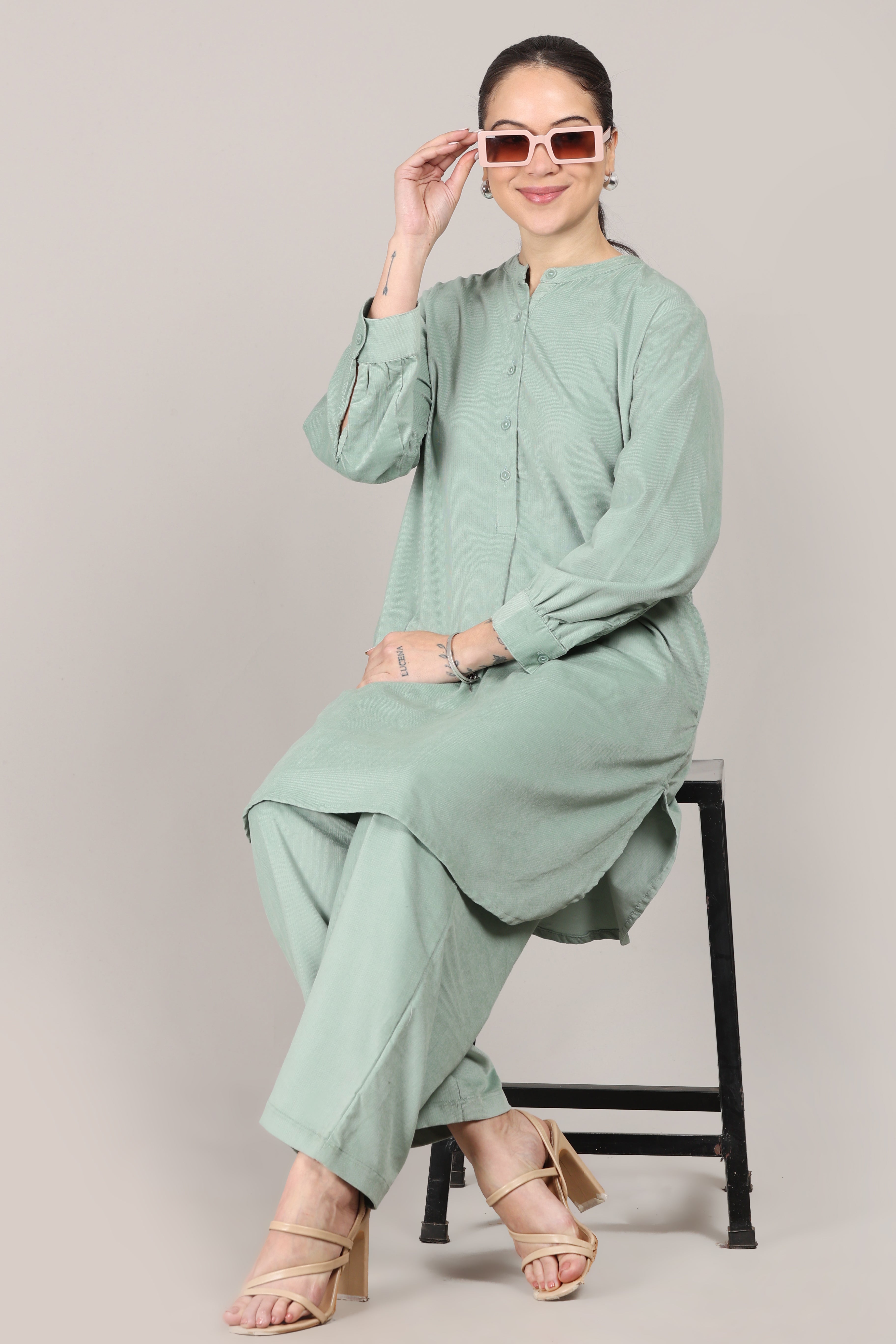 Frosty Green Corduroy Solid Cotton A-Line Kurta Pant Co-Ord Set