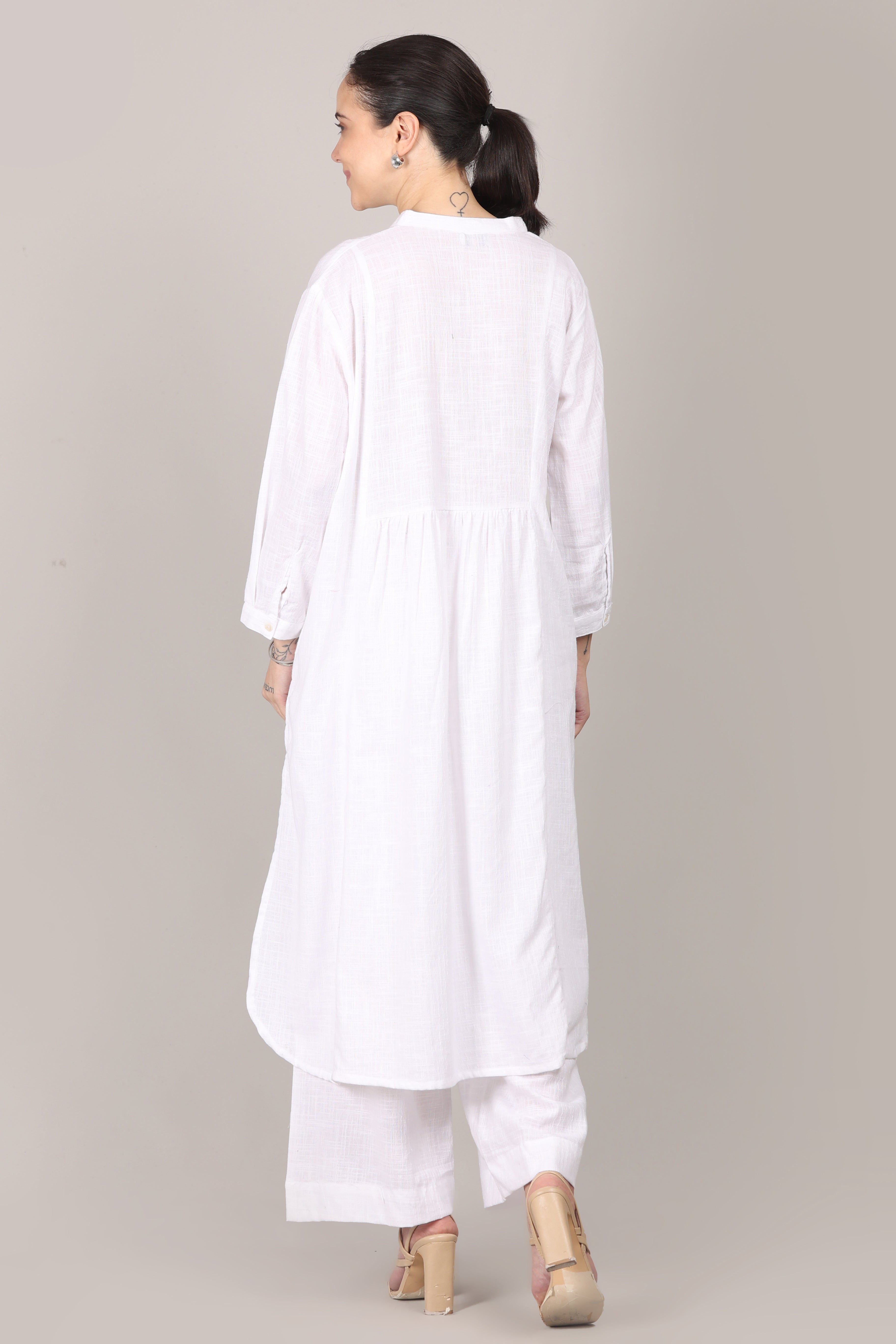 White Dobby Striped Cotton A-Line Kurta Pant Co-Ord Set (Sukoon)