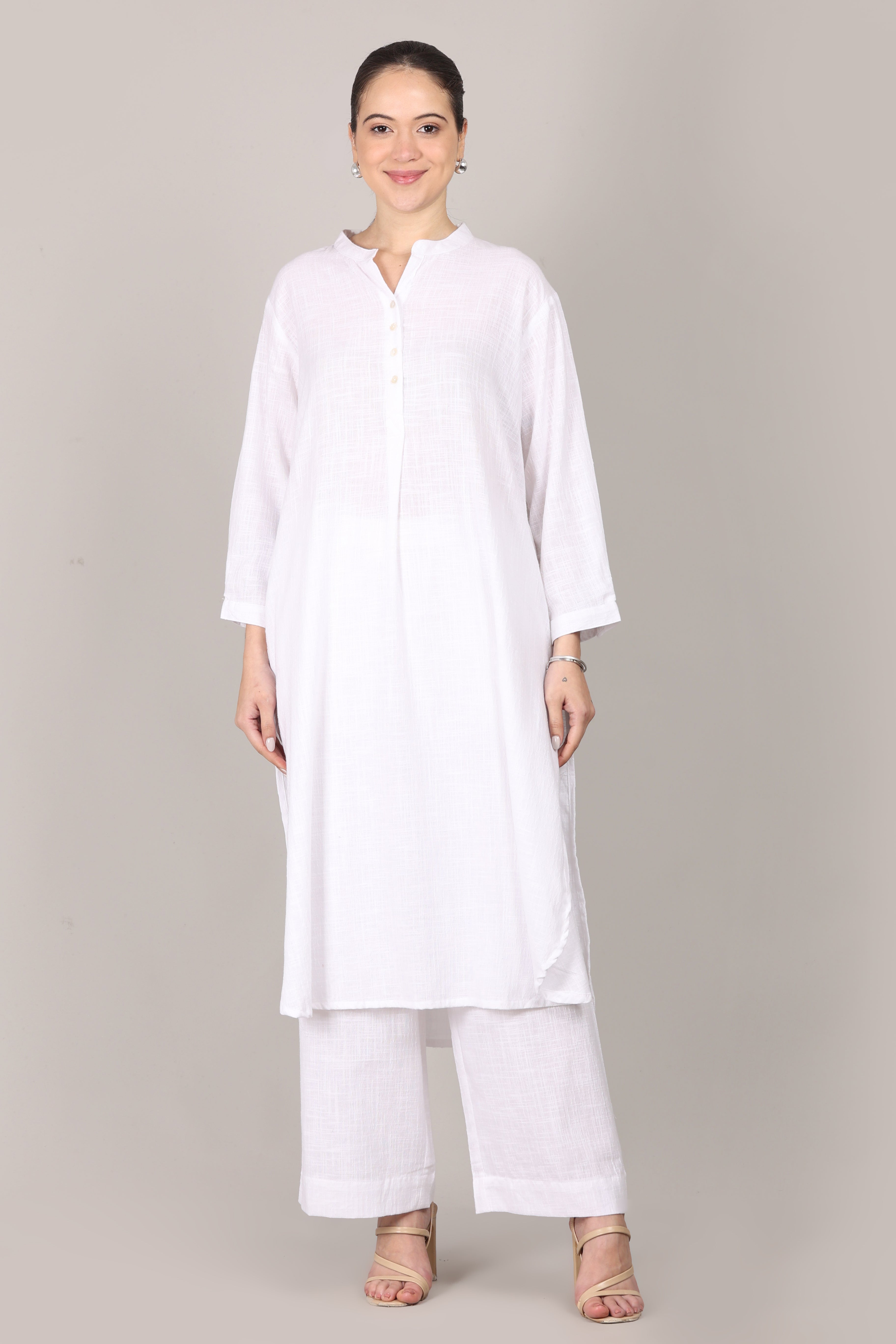 White Dobby Striped Cotton A-Line Kurta Pant Co-Ord Set (Sukoon)