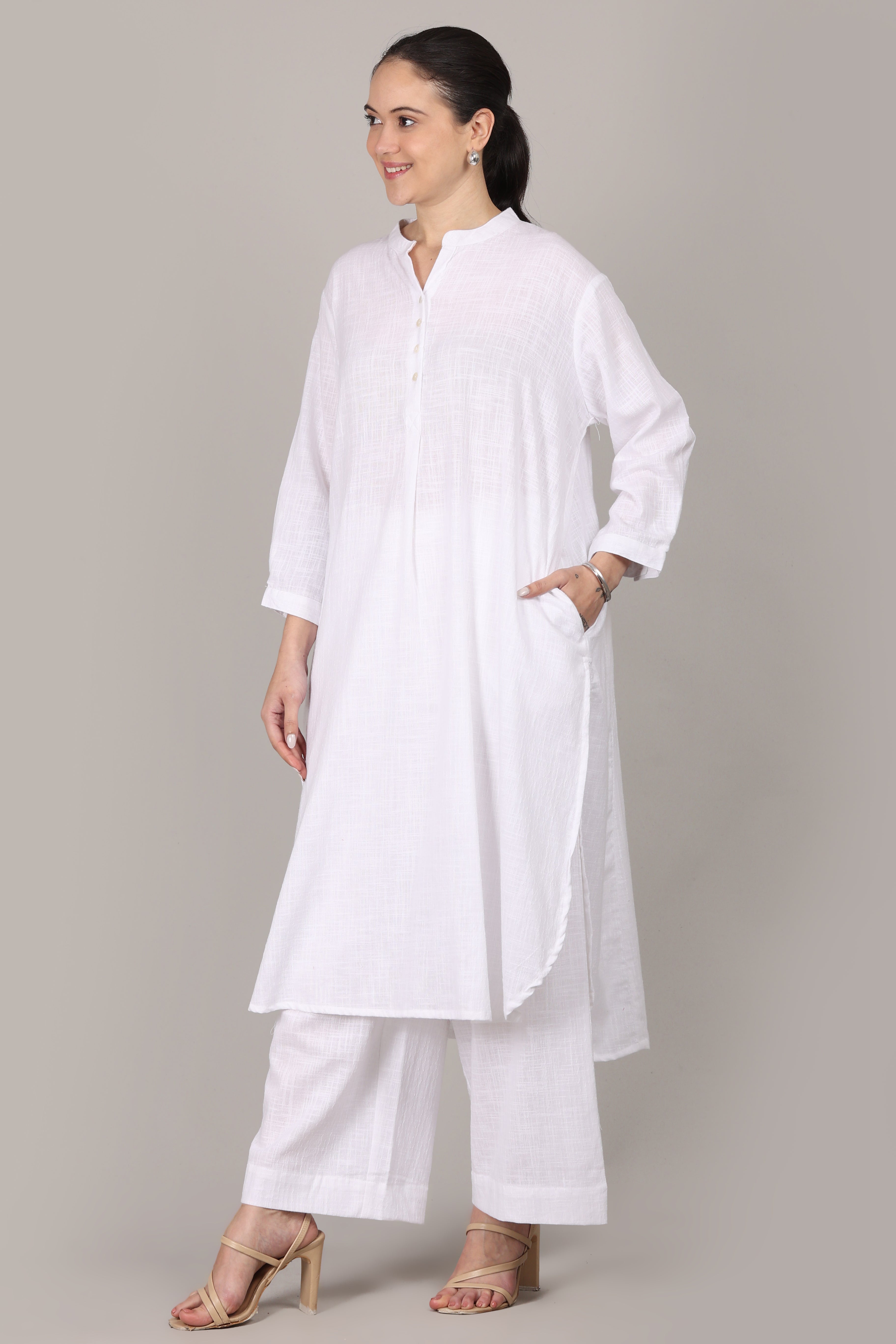 White Dobby Striped Cotton A-Line Kurta Pant Co-Ord Set (Sukoon)