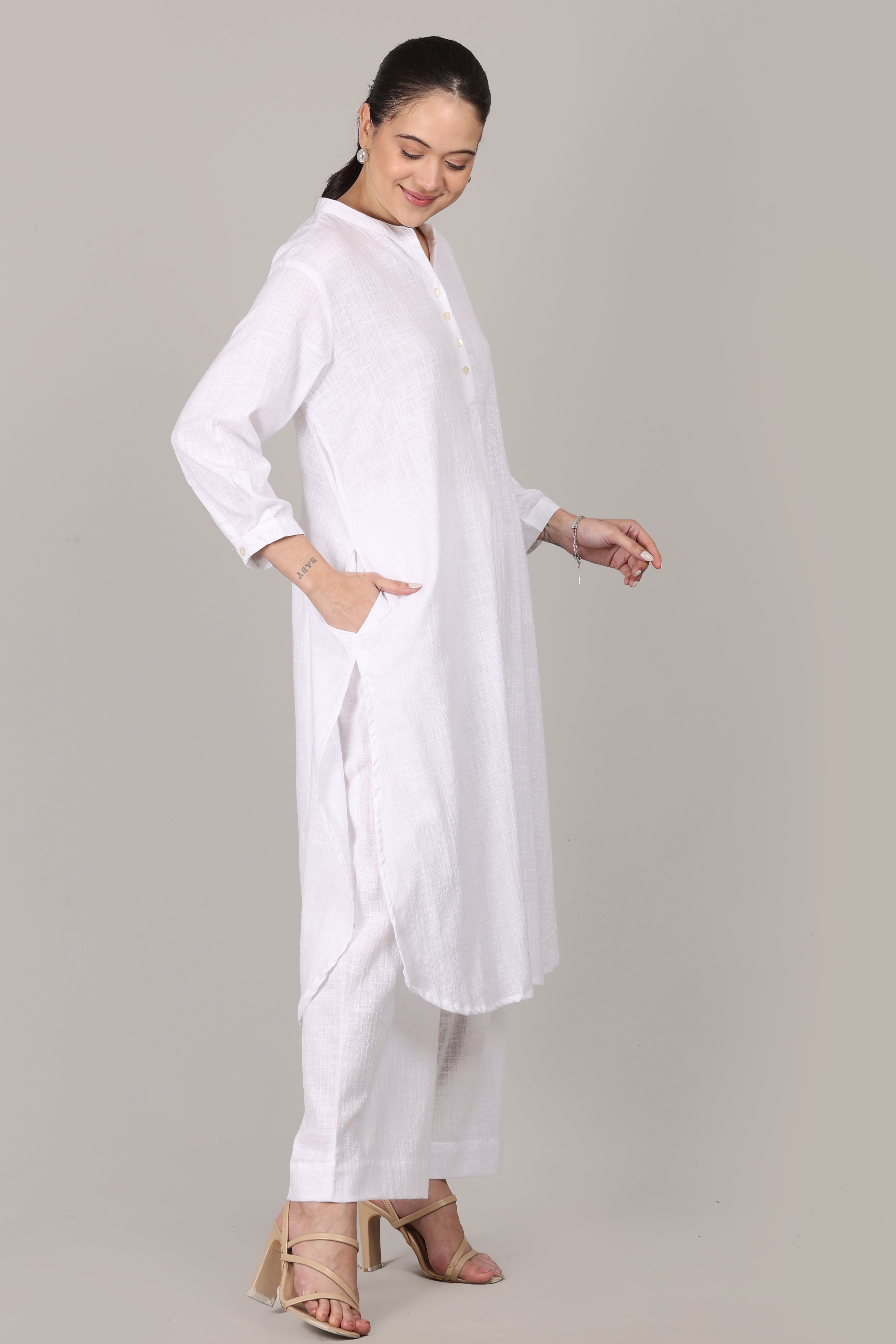 White Dobby Striped Cotton A-Line Kurta Pant Co-Ord Set (Sukoon)