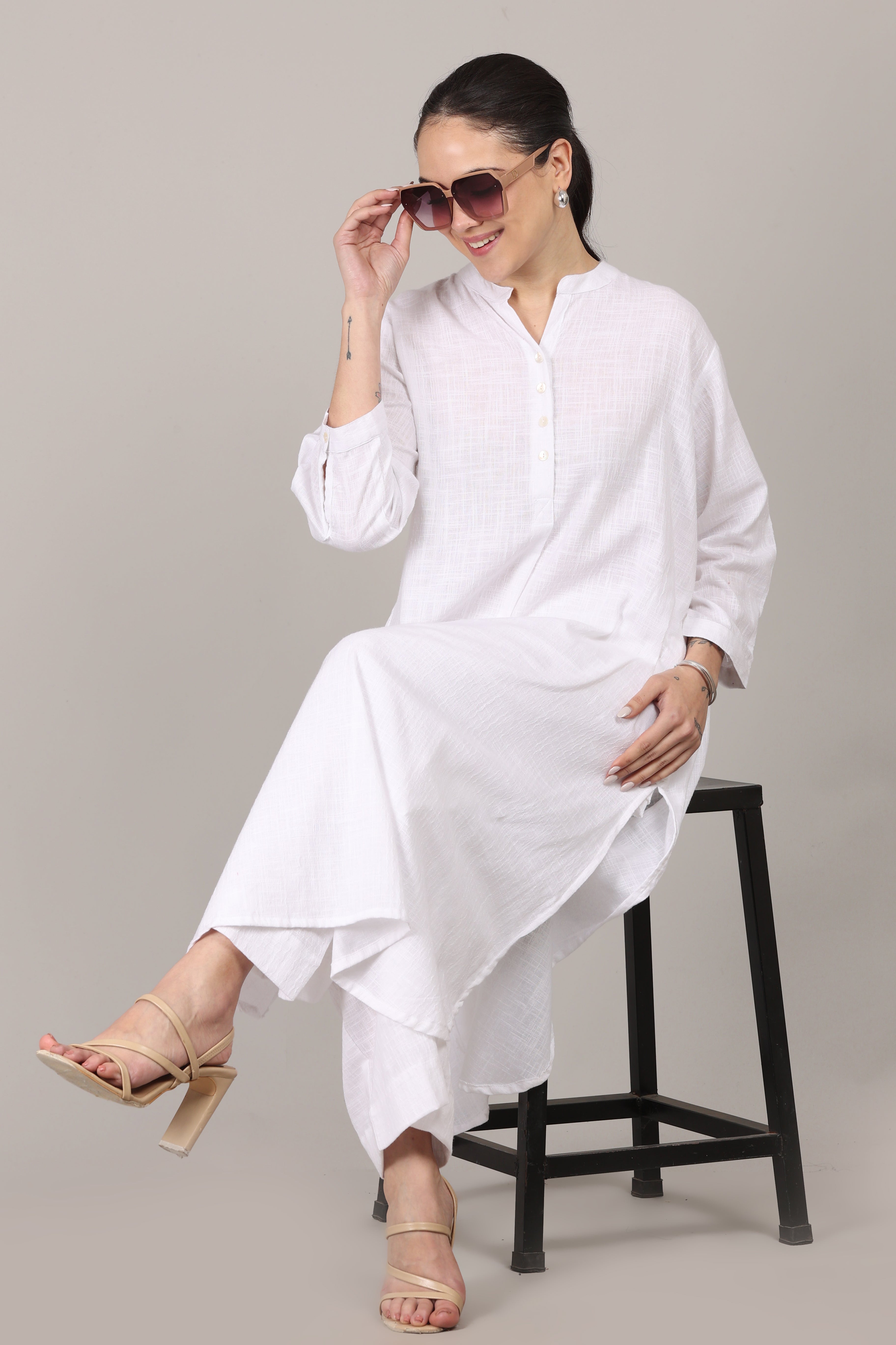 White Dobby Striped Cotton A-Line Kurta Pant Co-Ord Set (Sukoon)
