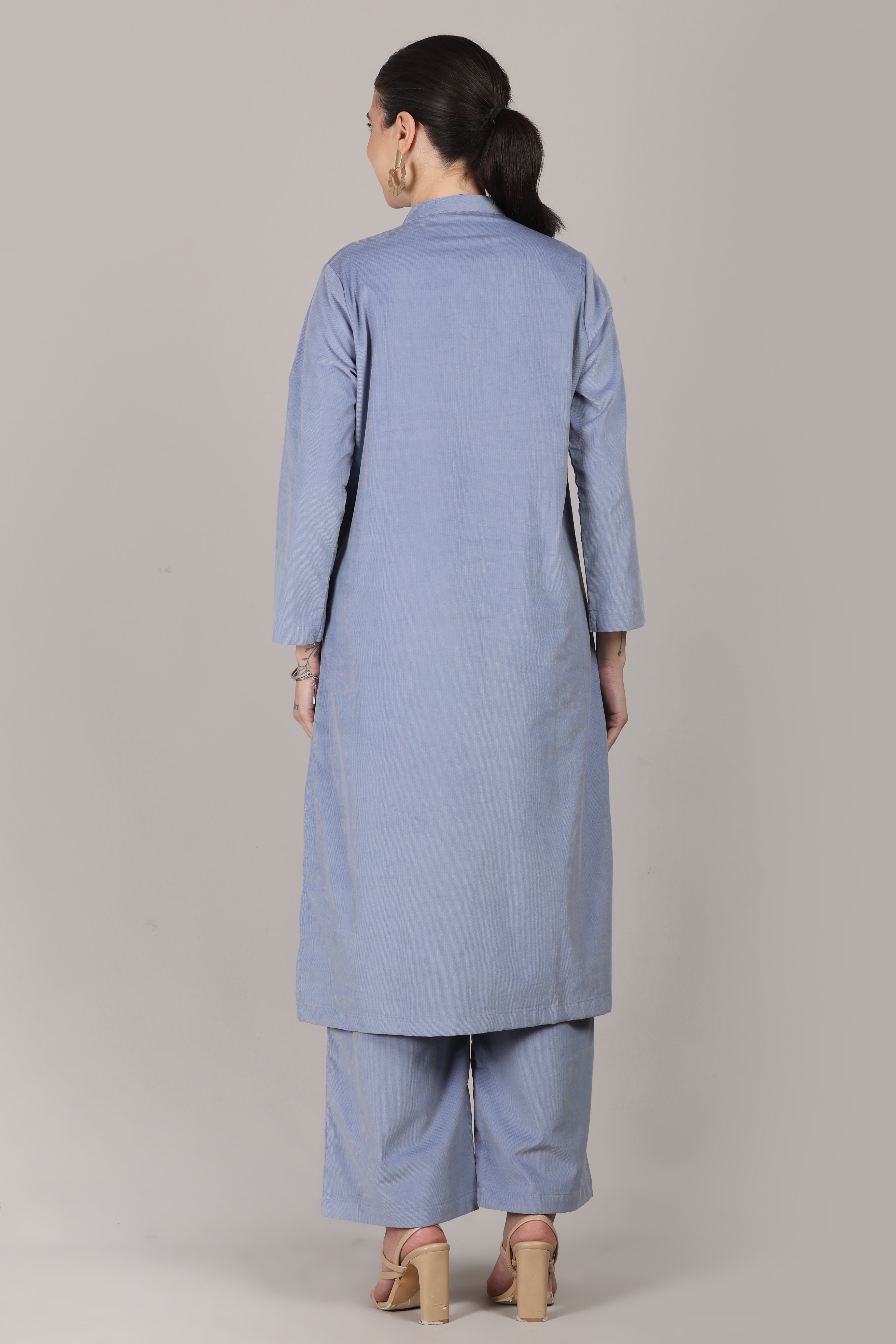 Forever Blue Corduroy Solid Straight-Fit Cotton Kurta Pant Co-ord Set