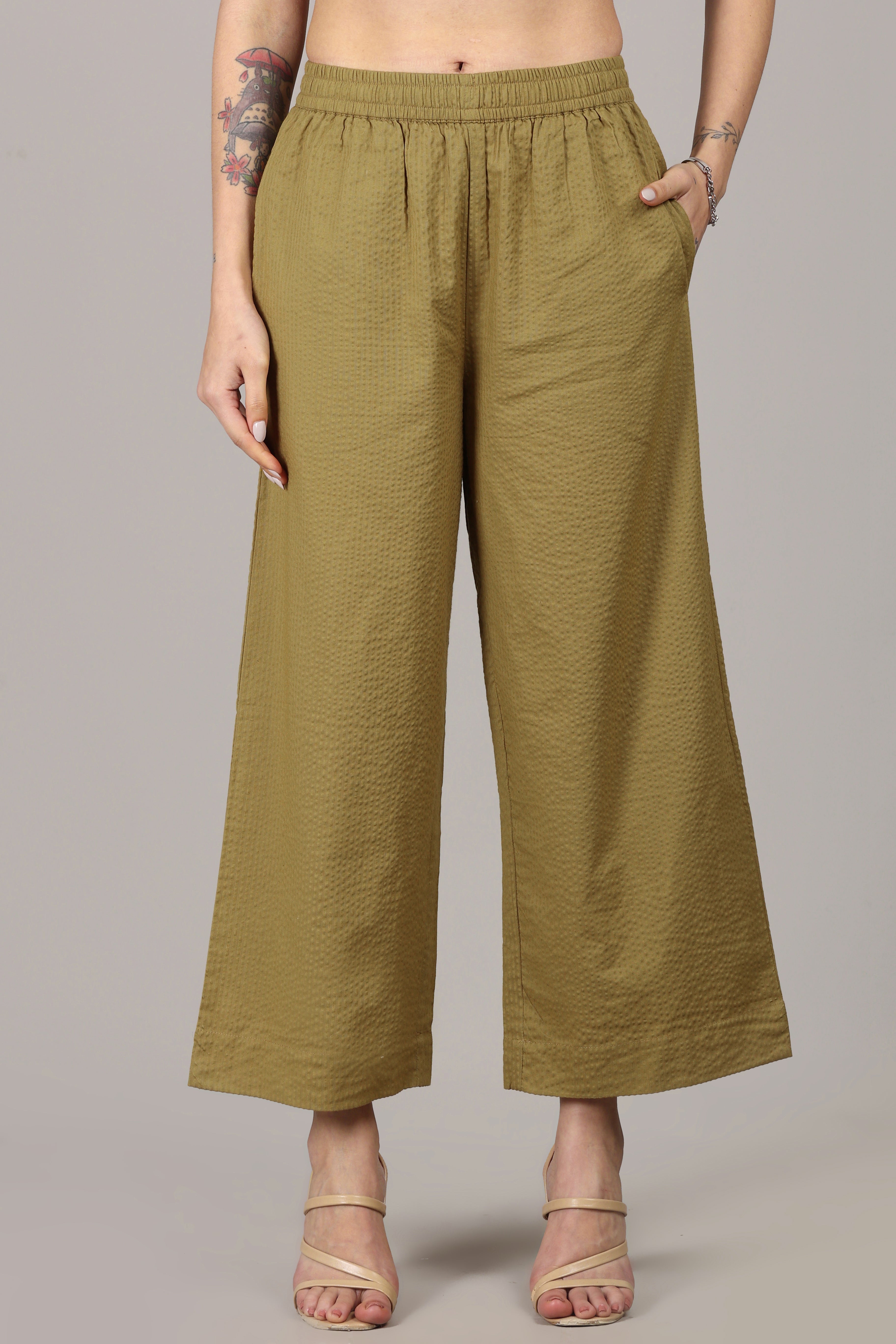 Dry Olive Seersucker Cotton A-Line Kurta Pant Co-Ord Set