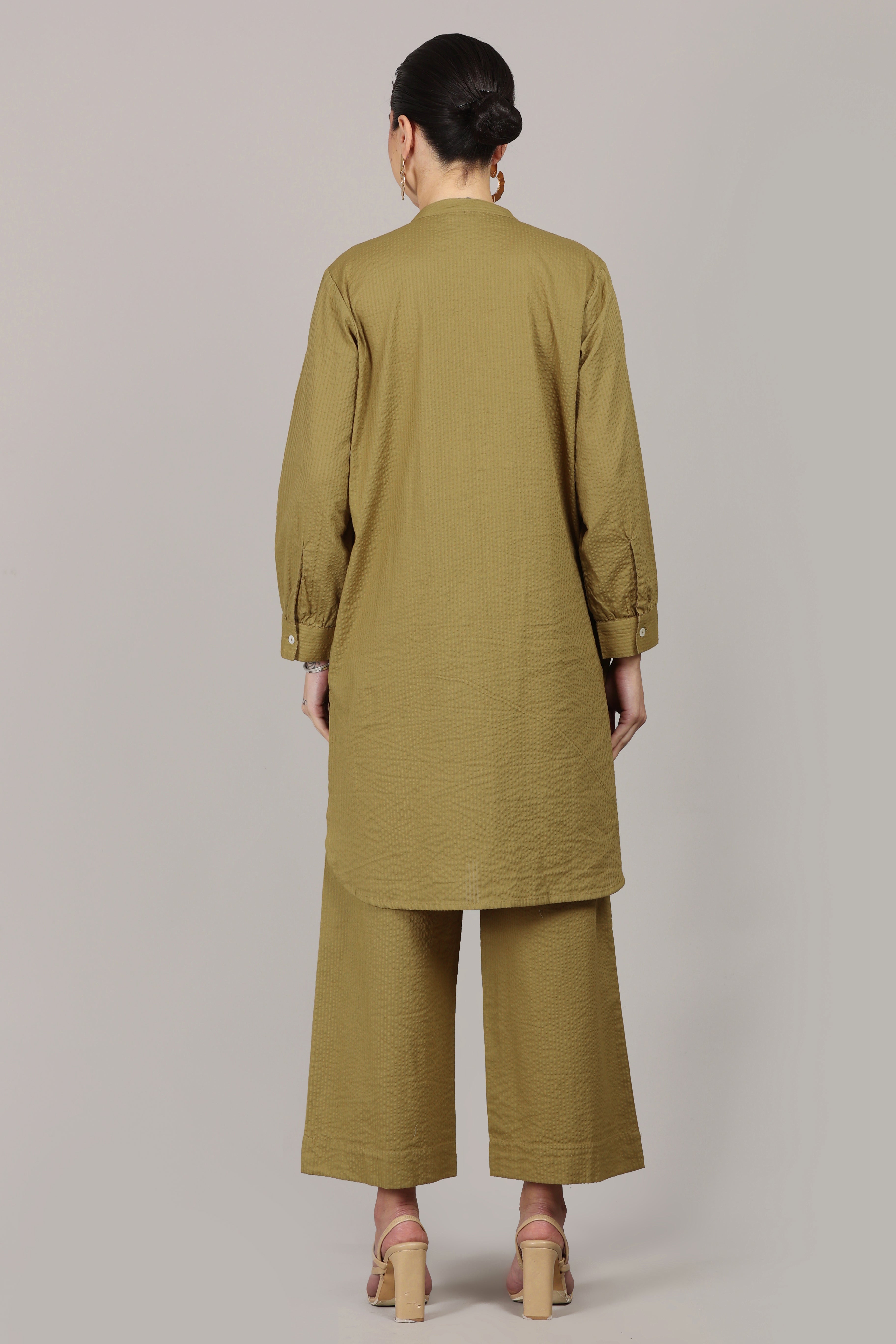 Dry Olive Seersucker Cotton A-Line Kurta Pant Co-Ord Set