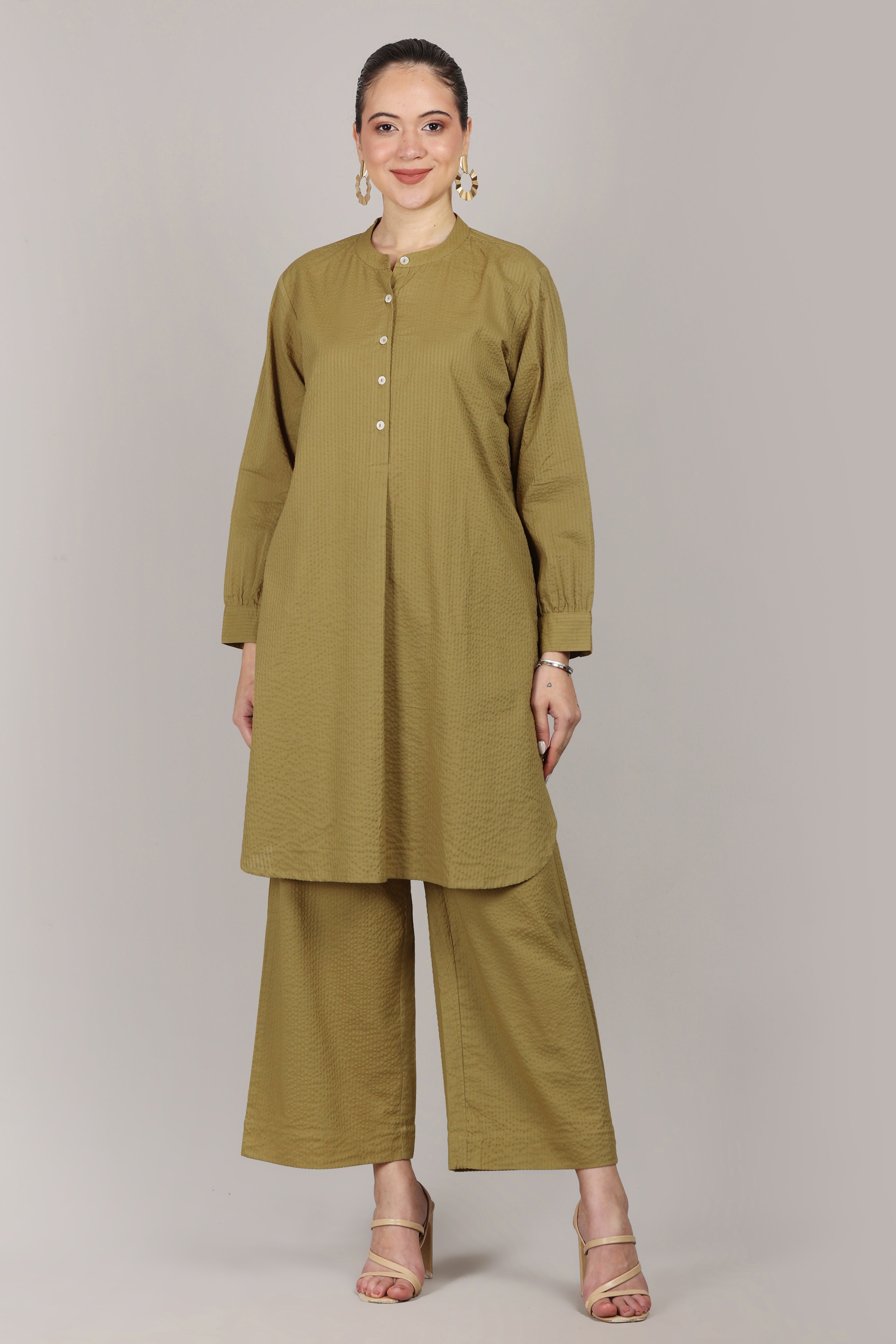 Dry Olive Seersucker Cotton A-Line Kurta Pant Co-Ord Set
