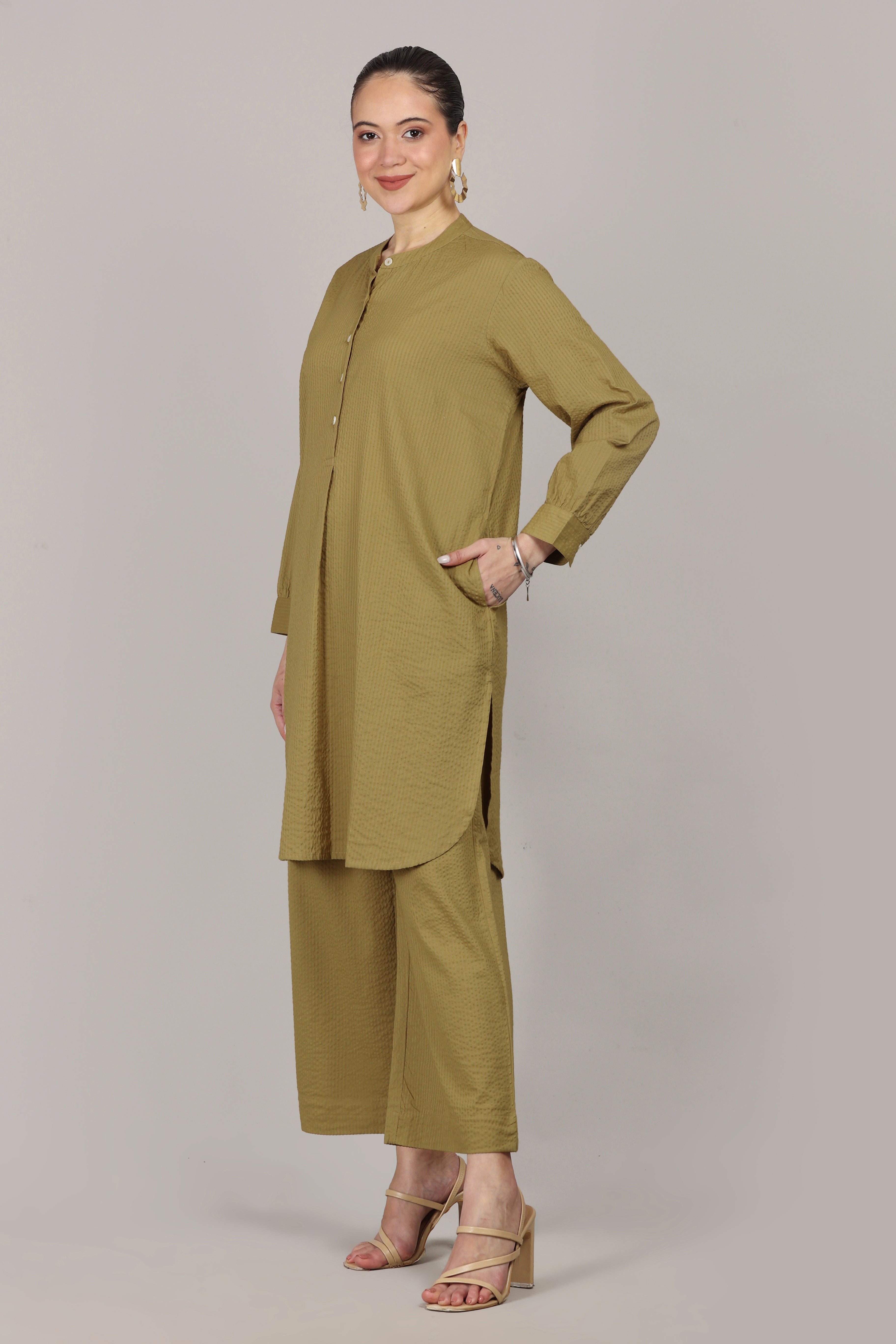 Dry Olive Seersucker Cotton A-Line Kurta Pant Co-Ord Set