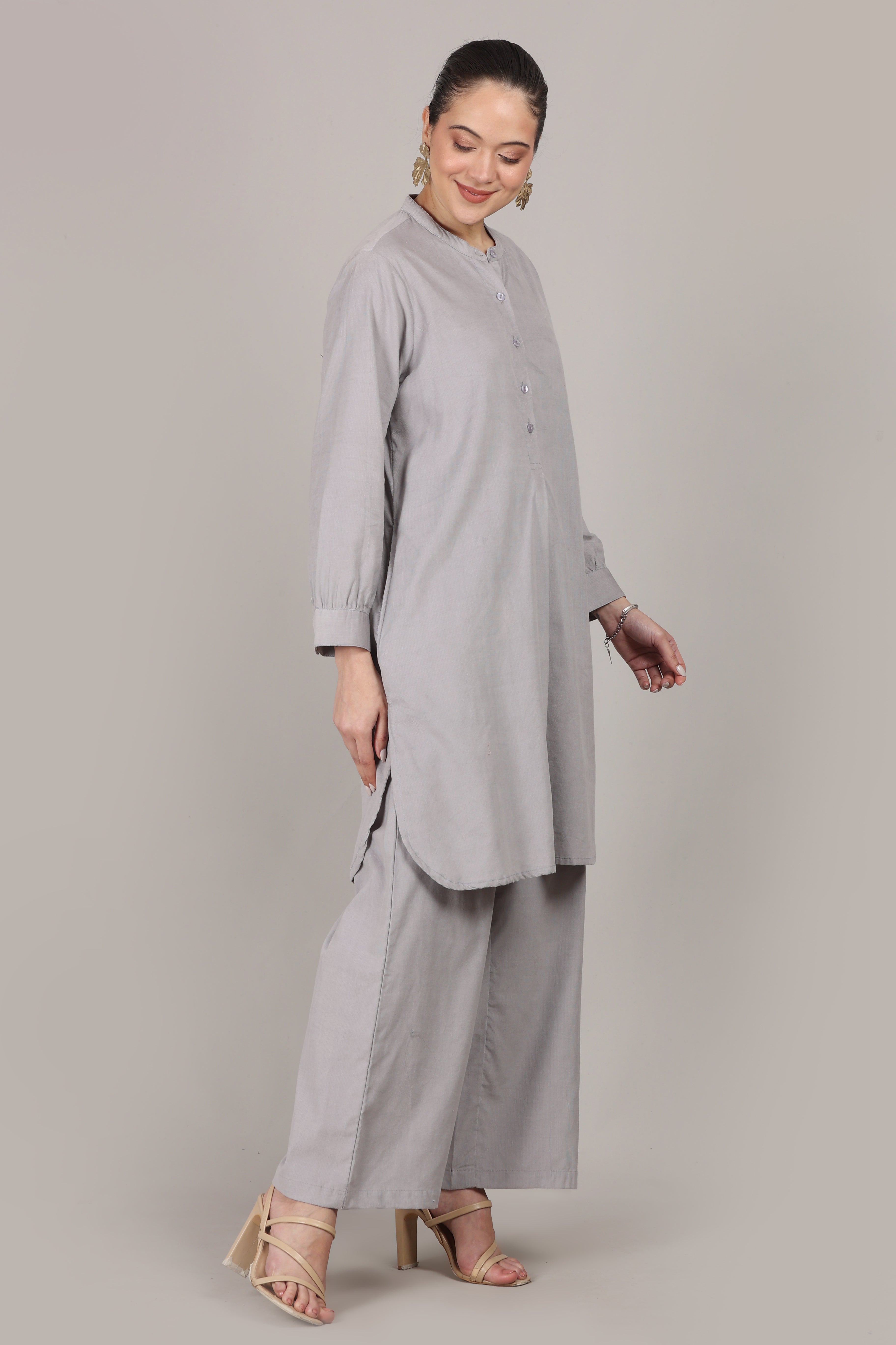 Cloud Grey Corduroy Solid Cotton A-Line Kurta Pant Co-Ord Set