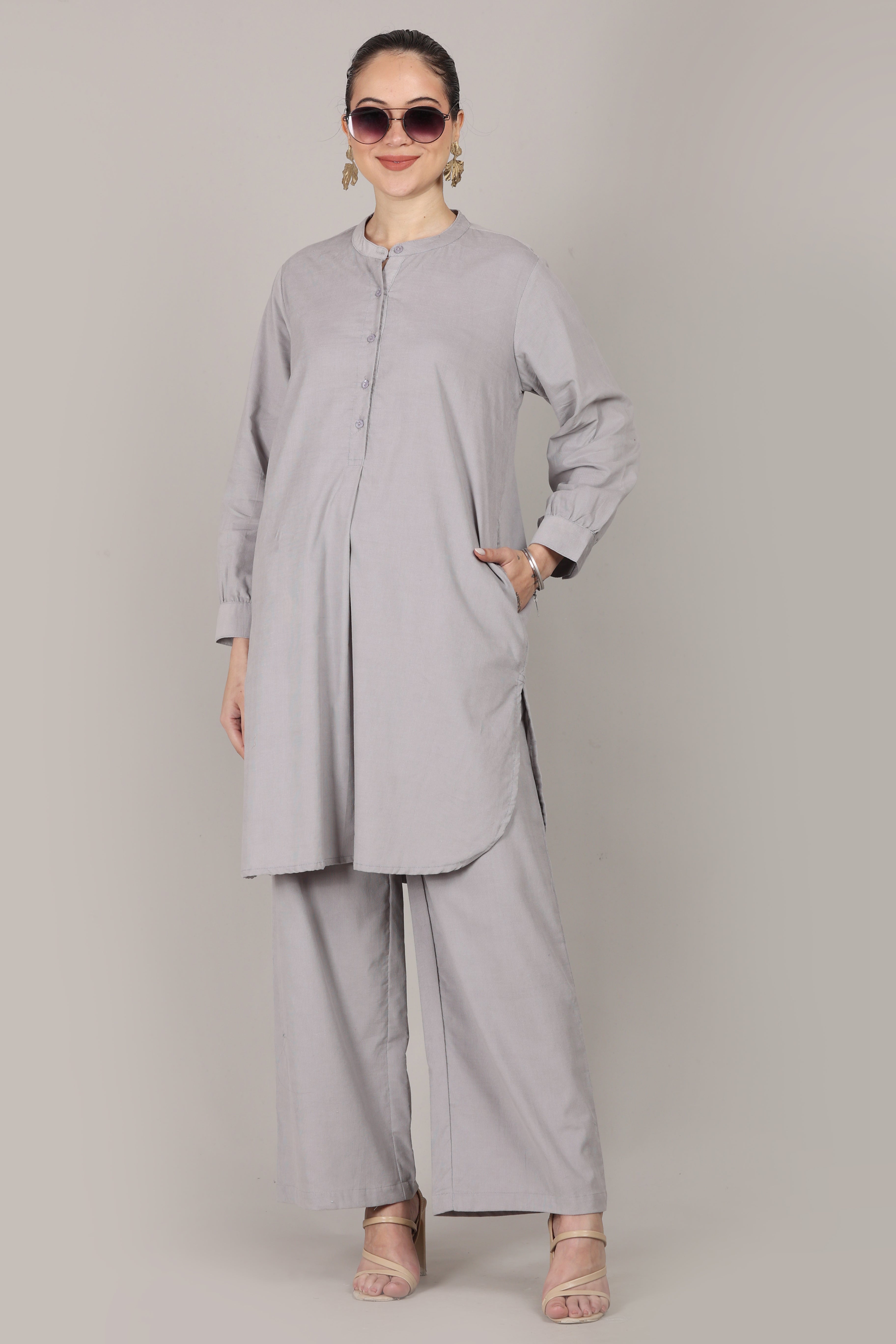 Cloud Grey Corduroy Solid Cotton A-Line Kurta Pant Co-Ord Set