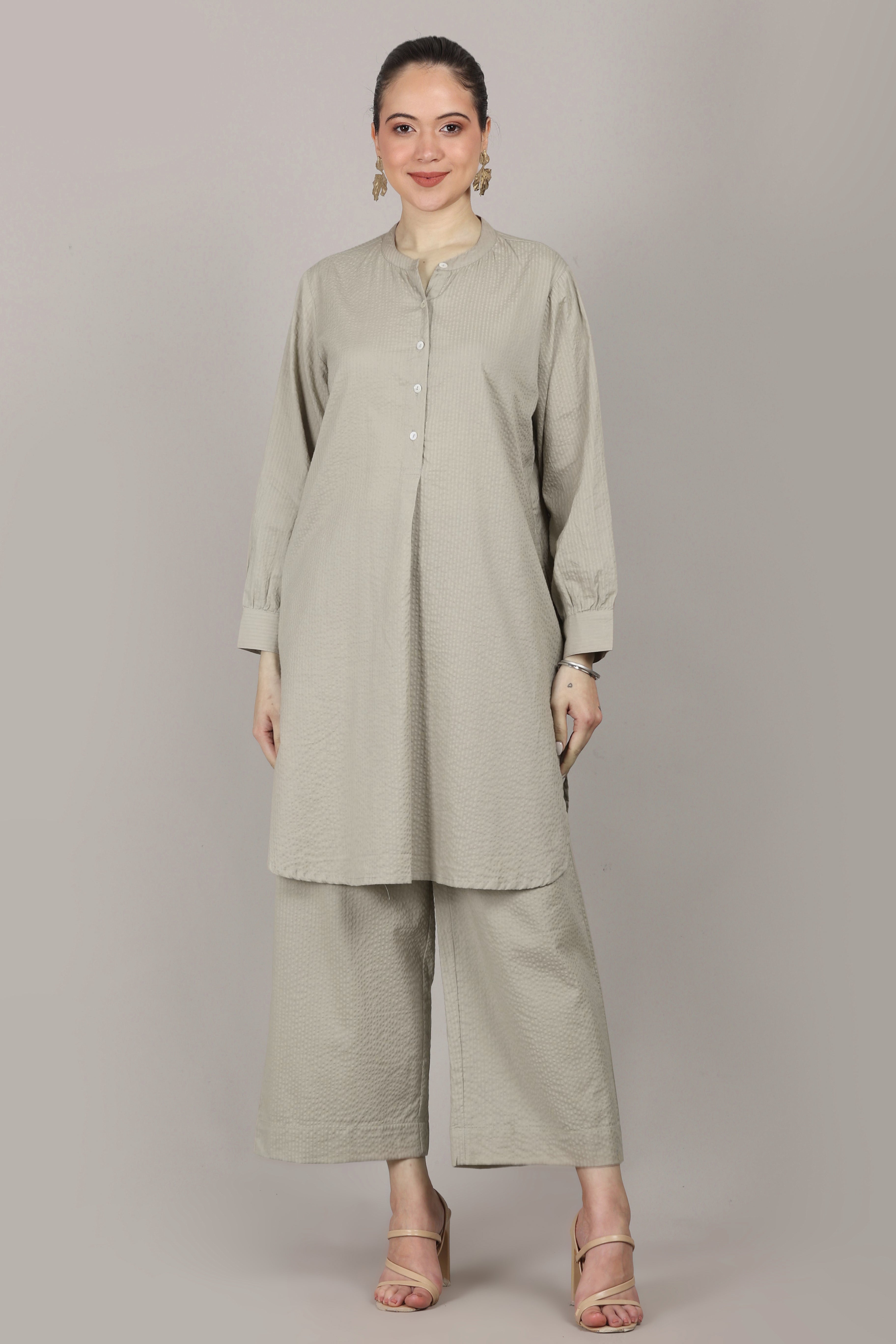 Silver Cloud Beige Seersucker Striped Cotton A-Line Kurta Pant Co-Ord Set