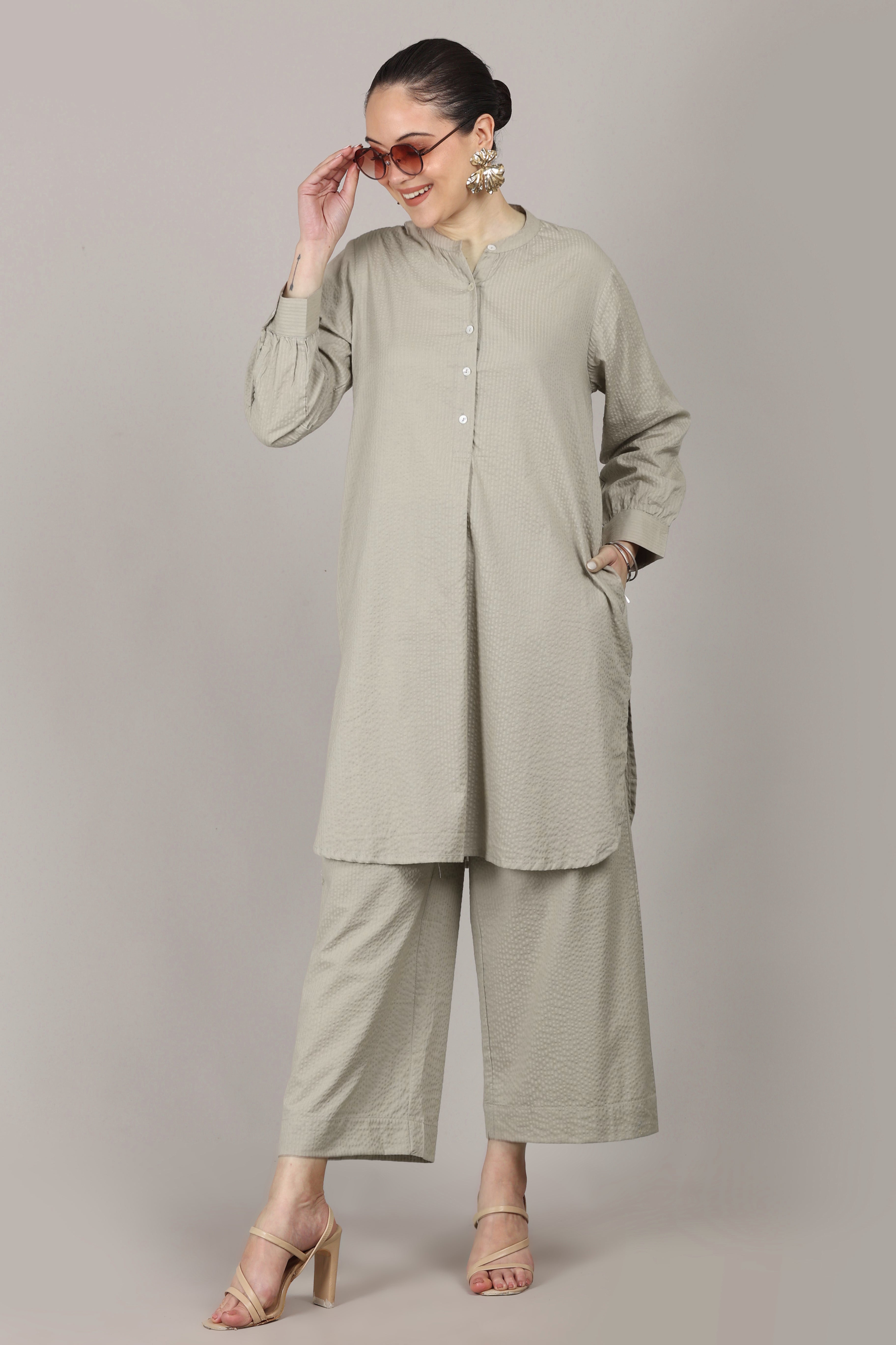 Silver Cloud Beige Seersucker Striped Cotton A-Line Kurta Pant Co-Ord Set