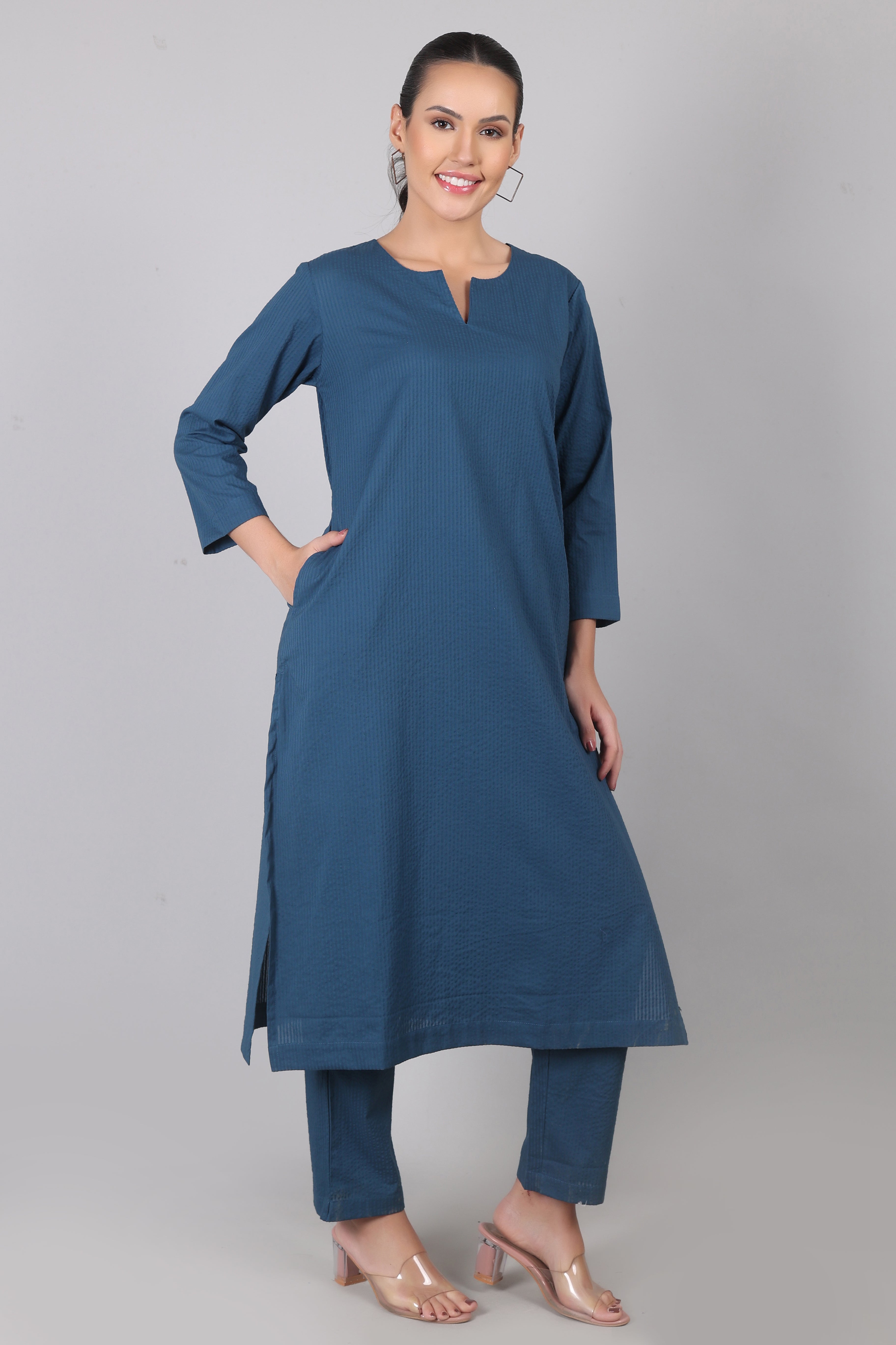 Indian Teal Seersucker Cotton Straight Fit Kurta Pant Co-Ord Set