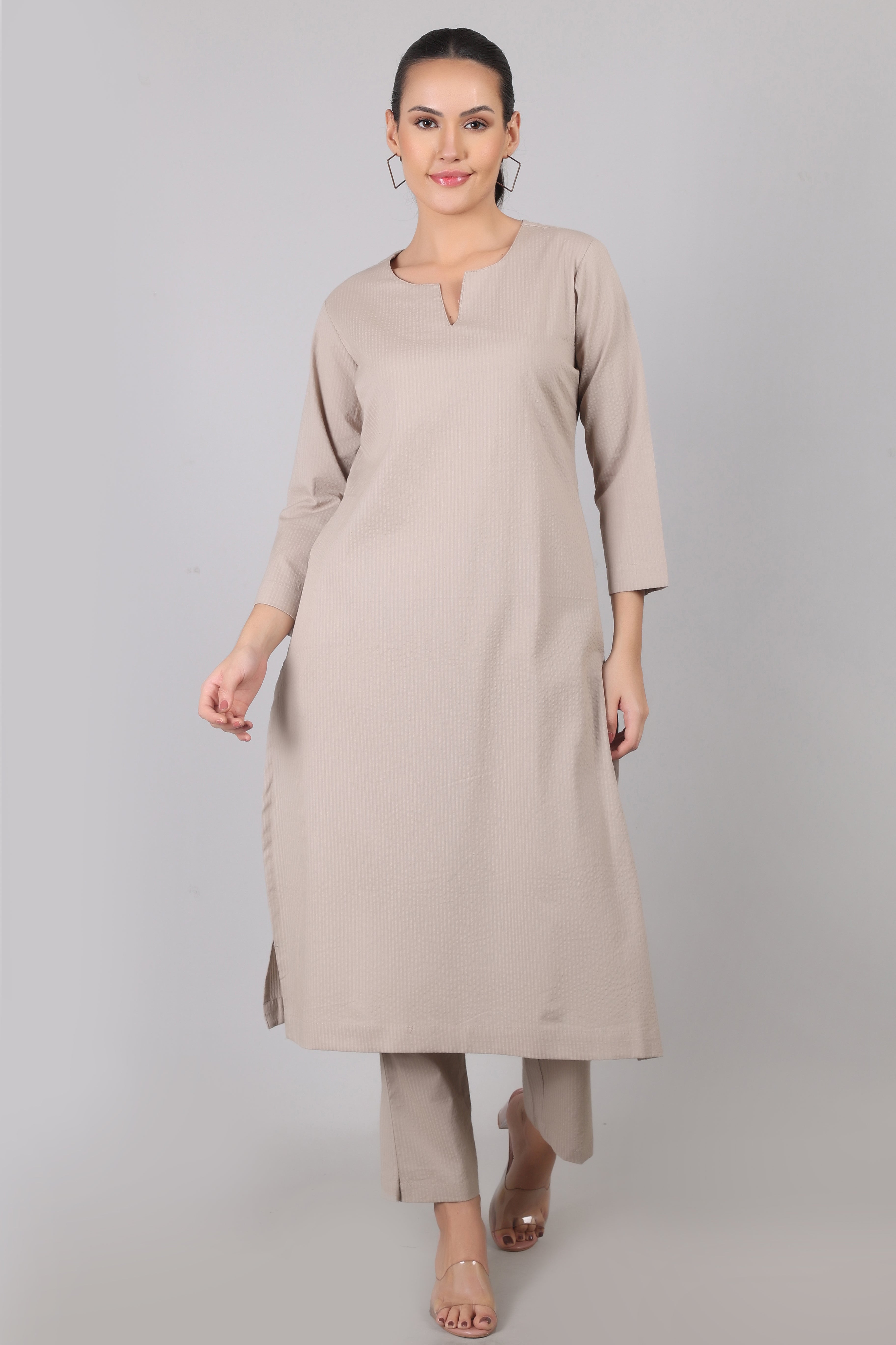 Silver Cloud Beige Seersucker Cotton Straight Fit Kurta Pant Co-Ord Set