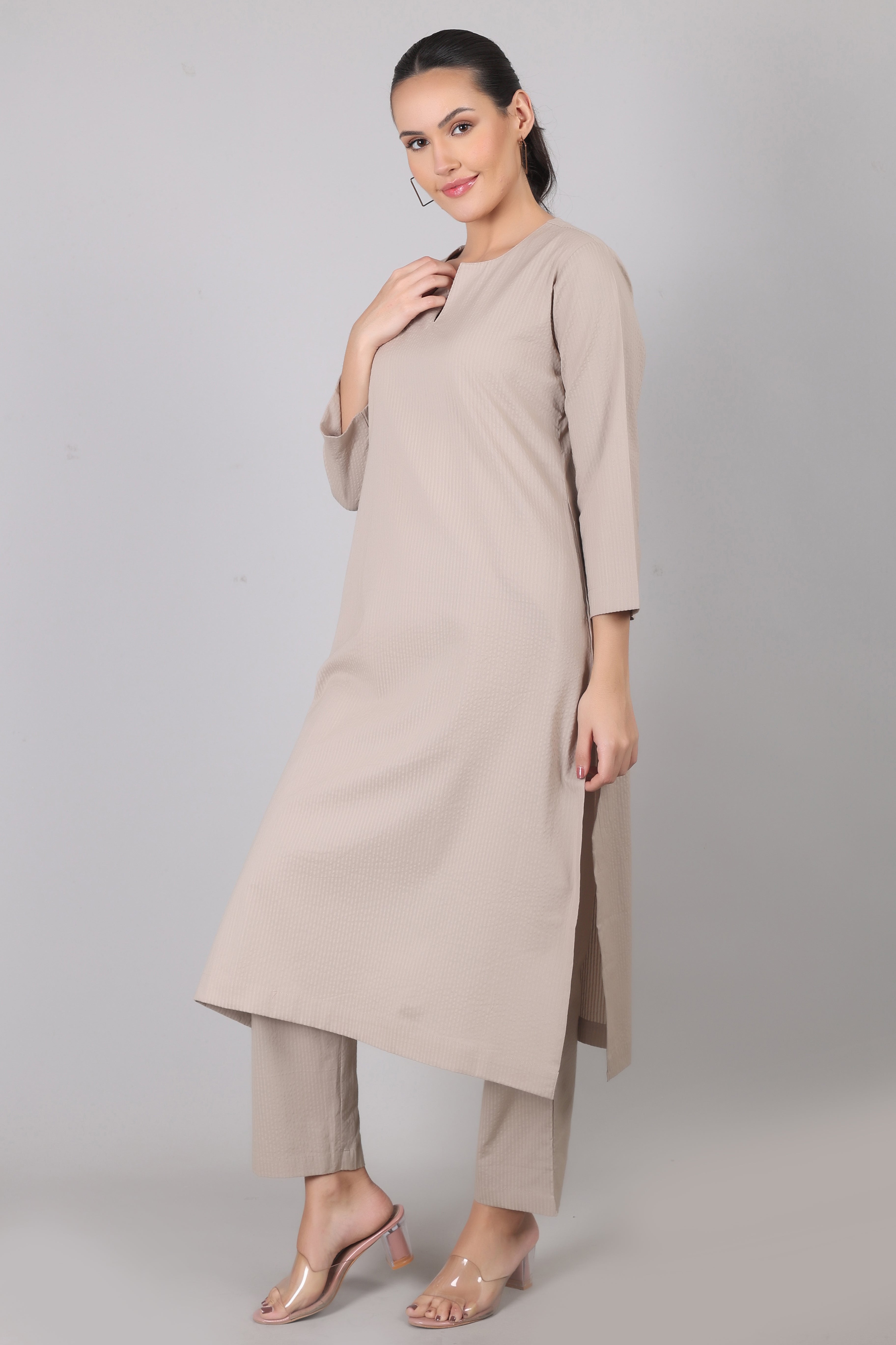 Silver Cloud Beige Seersucker Cotton Straight Fit Kurta Pant Co-Ord Set