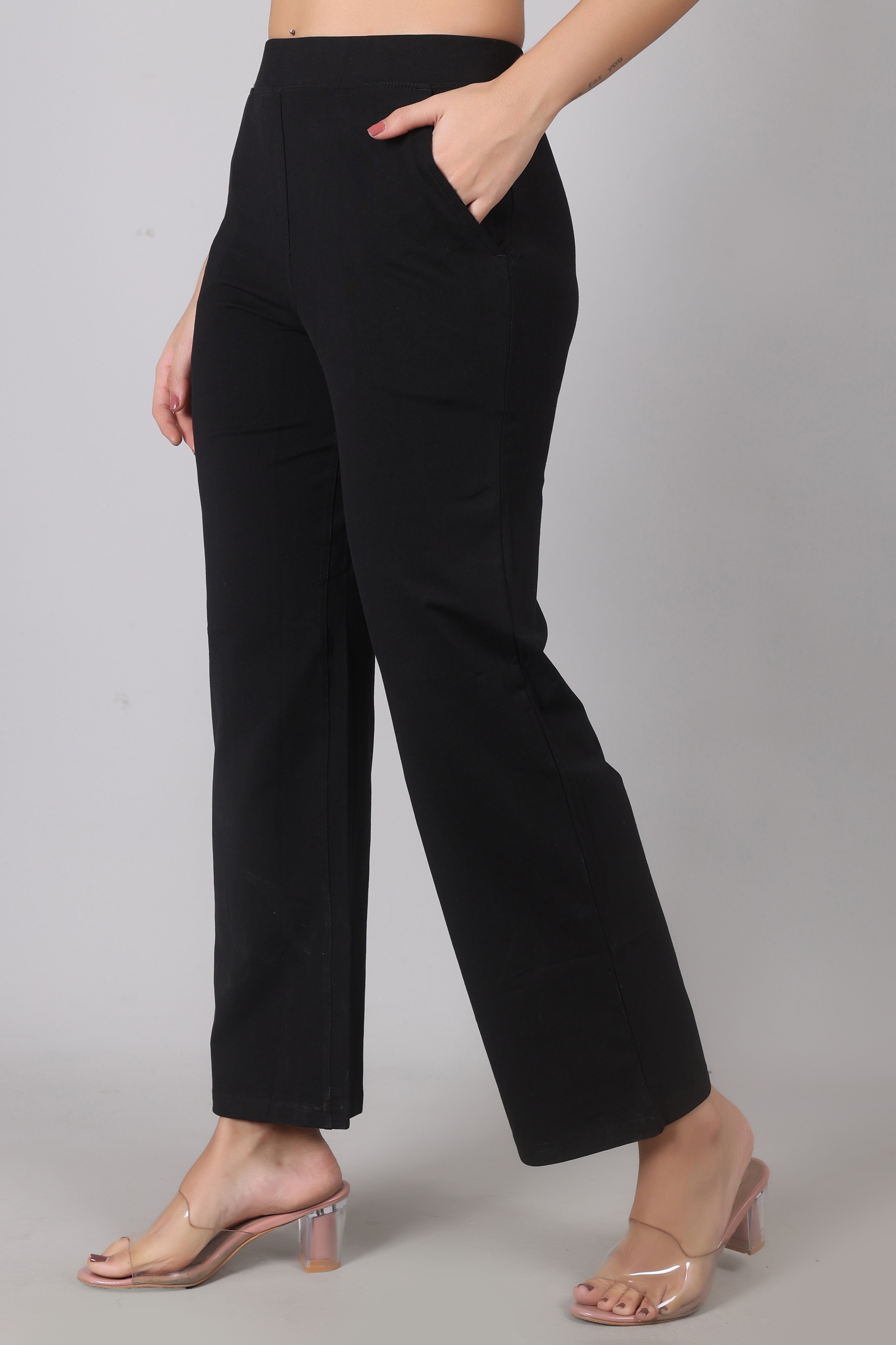 Black Easy Wide-Leg Pants — Pure Cotton Stretch