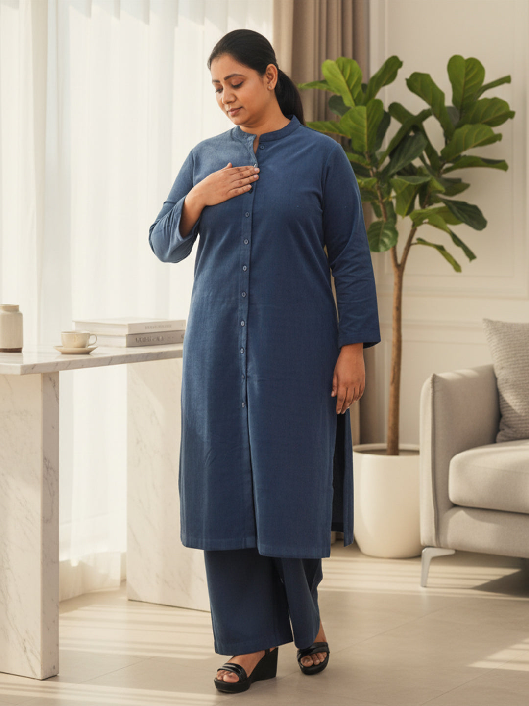 Kashmir Blue Corduroy Solid Straight-Fit Cotton Kurta Pant Co-ord Set