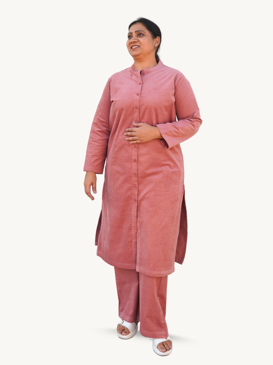 Sea Pink Corduroy Solid Straight-Fit Cotton Kurta Pant Co-ord Set