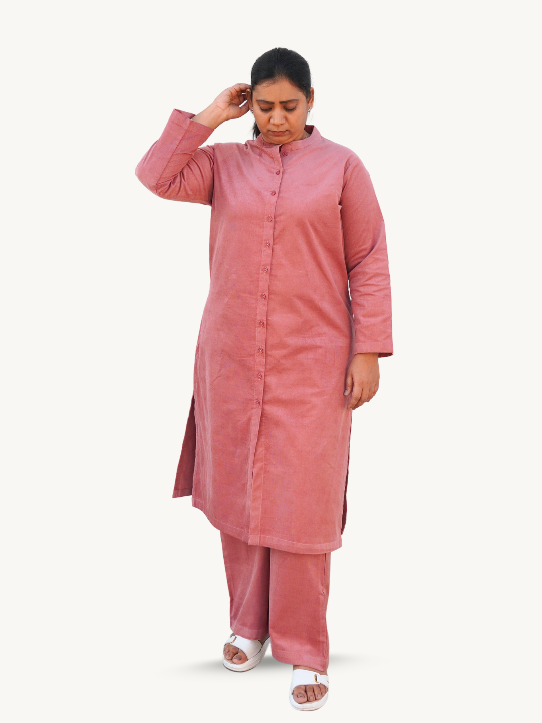 Sea Pink Corduroy Solid Straight-Fit Cotton Kurta Pant Co-ord Set