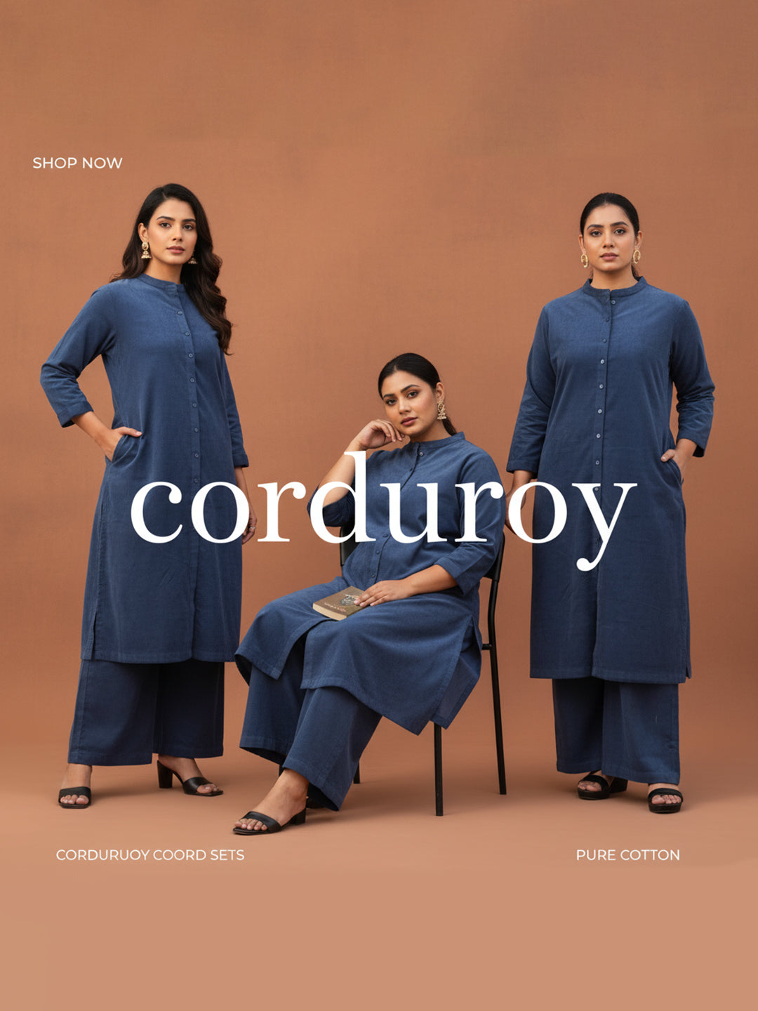 Kashmir Blue Corduroy Solid Straight-Fit Cotton Kurta Pant Co-ord Set
