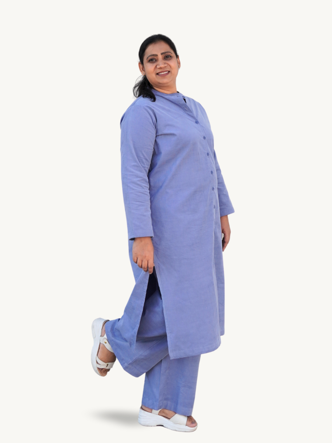 Lilac Blue Corduroy Solid Straight-Fit Cotton Kurta Pant Co-ord Set