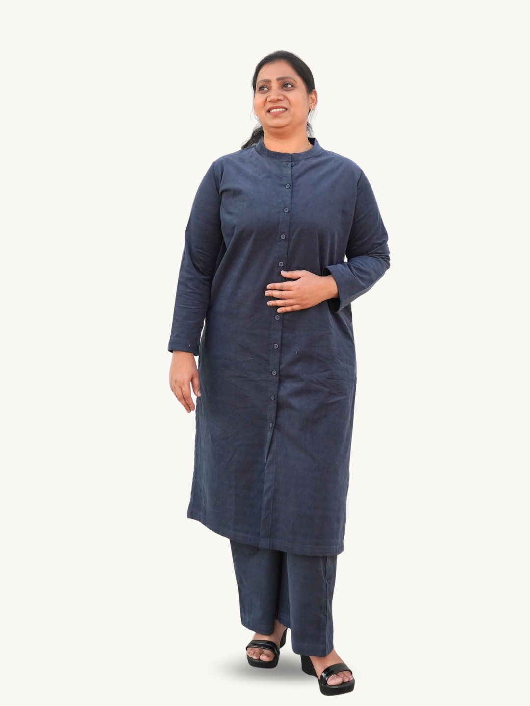 Night Blue Corduroy Solid Straight-Fit Cotton Kurta Pant Co-ord Set