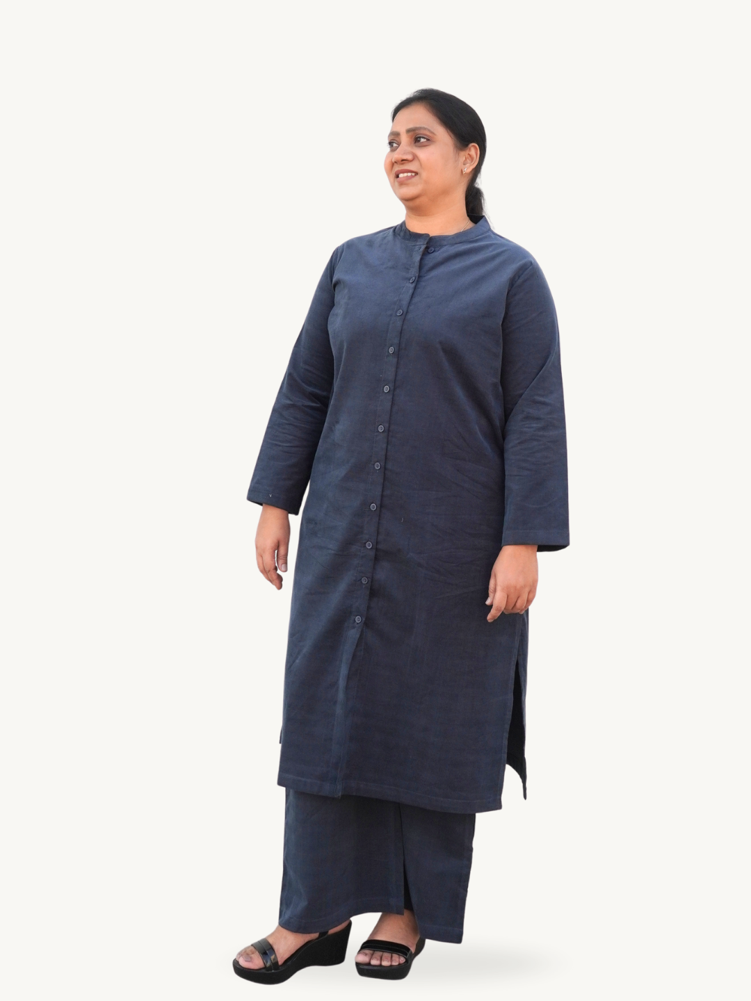 Night Blue Corduroy Solid Straight-Fit Cotton Kurta Pant Co-ord Set