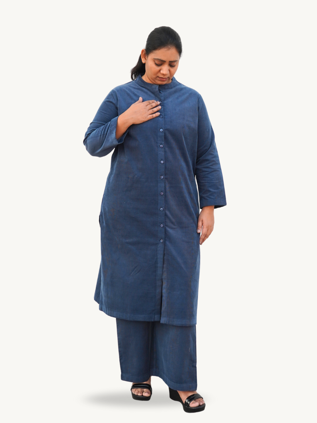 Kashmir Blue Corduroy Solid Straight-Fit Cotton Kurta Pant Co-ord Set