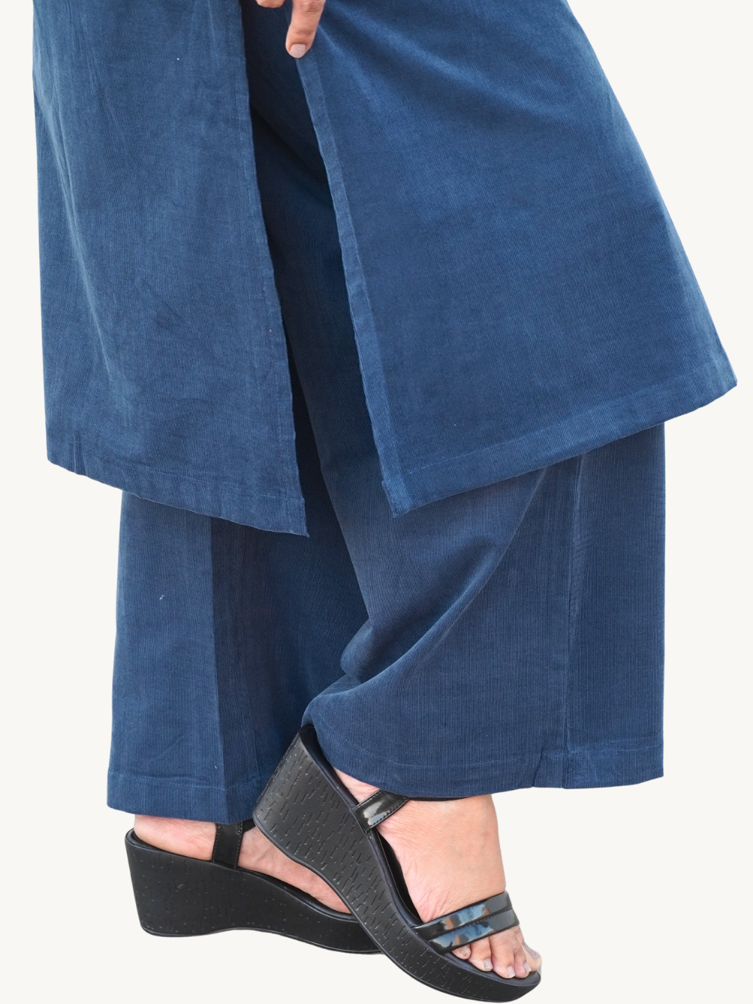 Kashmir Blue Corduroy Solid Straight-Fit Cotton Kurta Pant Co-ord Set