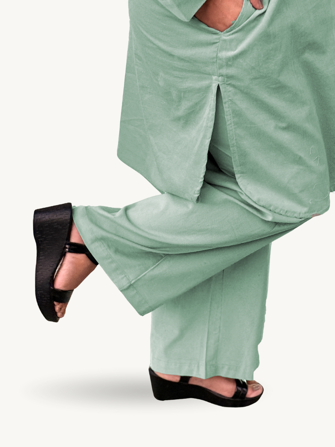 Shadow Green Corduroy Solid Cotton A-Line Kurta Pant Co-Ord Set