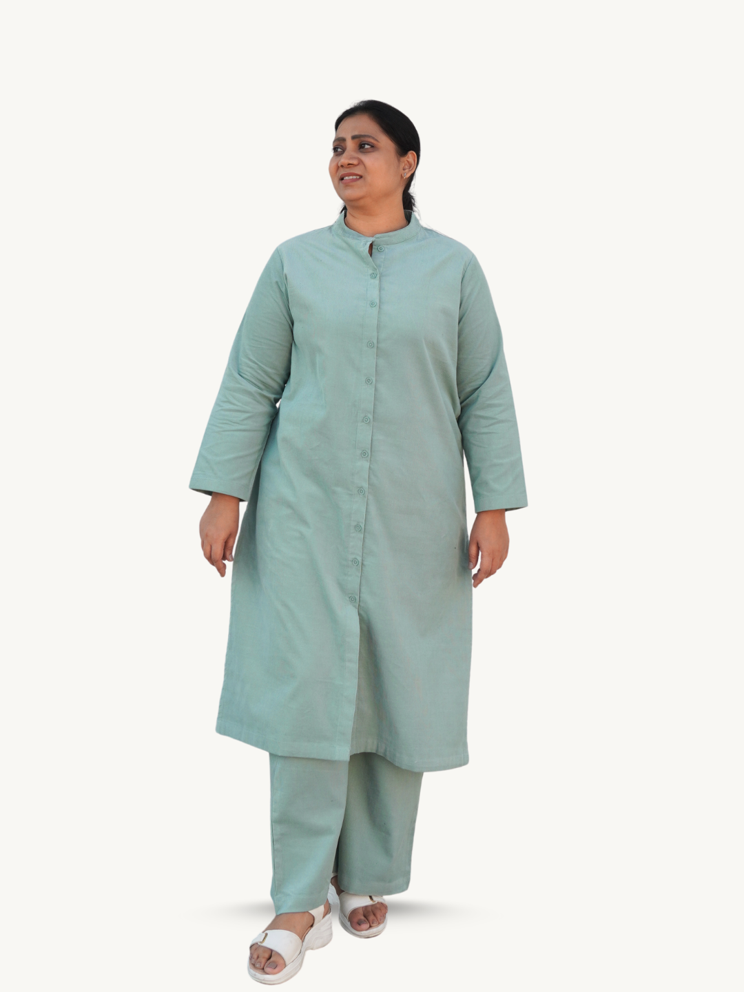 Shadow Green Corduroy Solid Straight-Fit Cotton Kurta Pant Co-ord Set