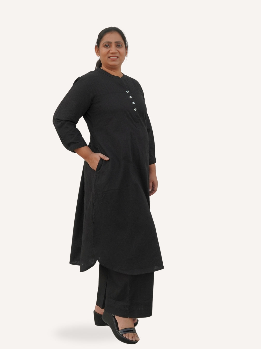 Black Dobby Striped Cotton A-Line Kurta Pant Co-Ord Set (Sukoon)