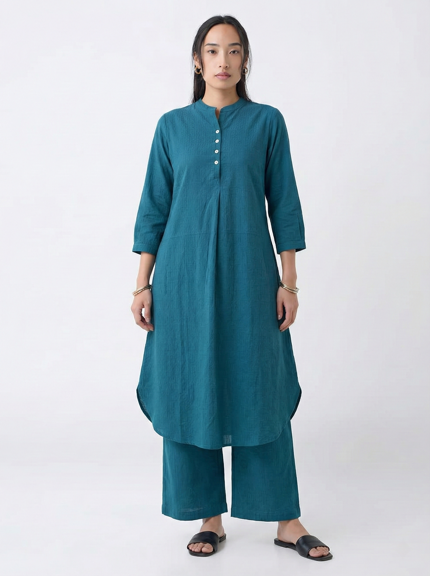 Teal Dobby Striped Cotton A-Line Kurta Pant Co-Ord Set (Sukoon)