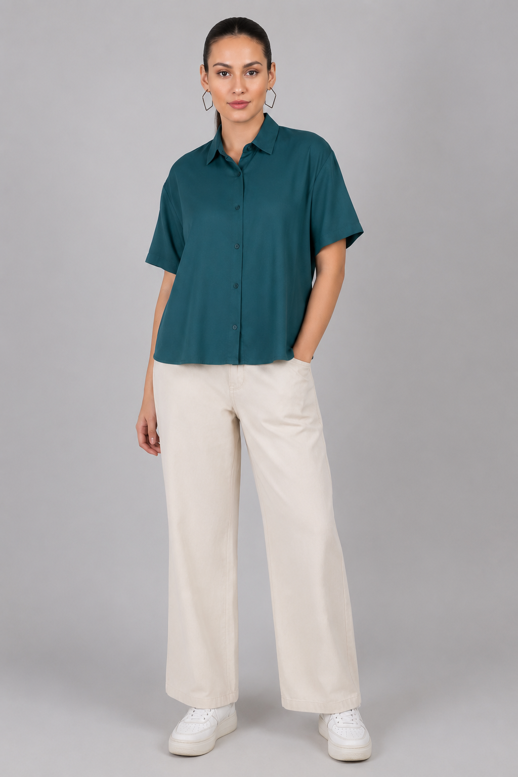 The Boxy Short Sleeve Viscose Shirt in Deep Teal