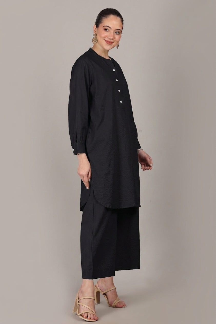 Black Seersucker Cotton A-Line Kurta Pant Co-Ord Set