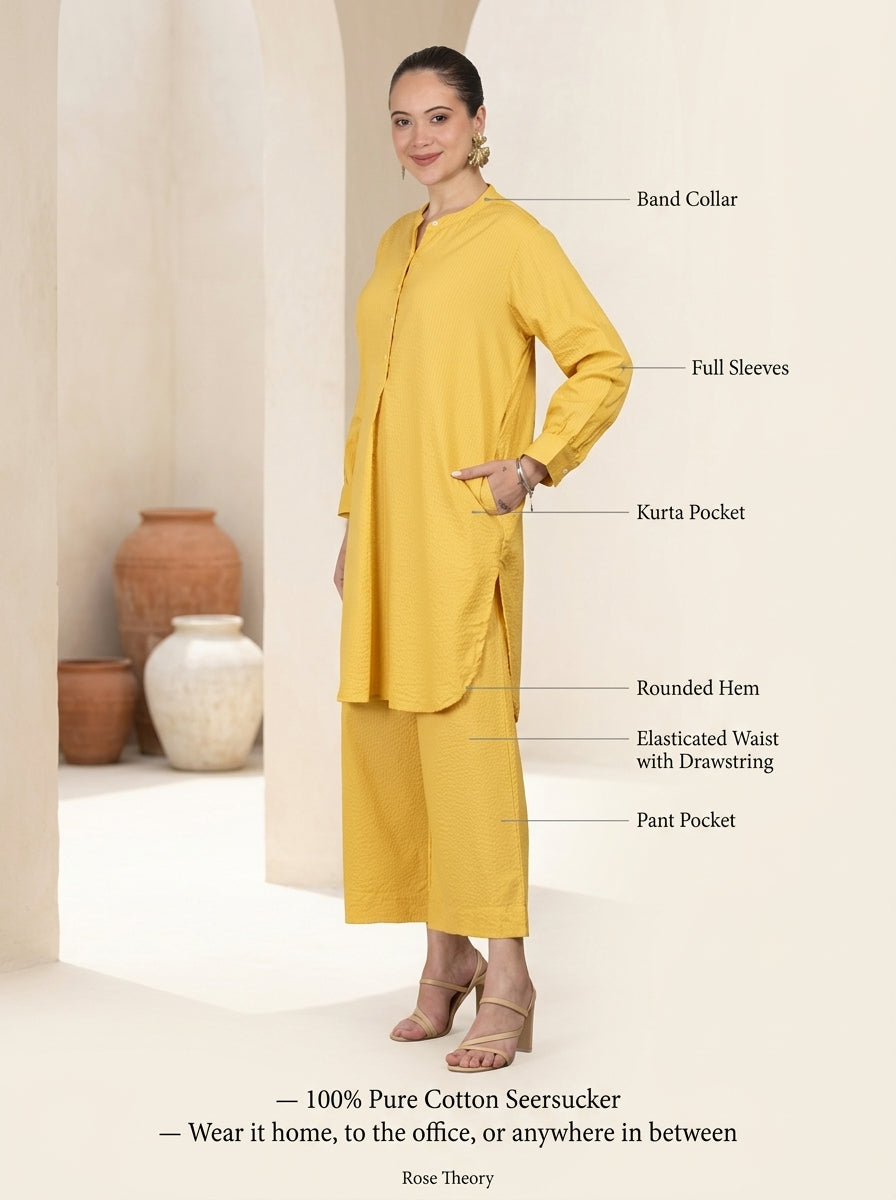 Lemon Yellow Seersucker Cotton A-Line Kurta Pant Co-Ord Set