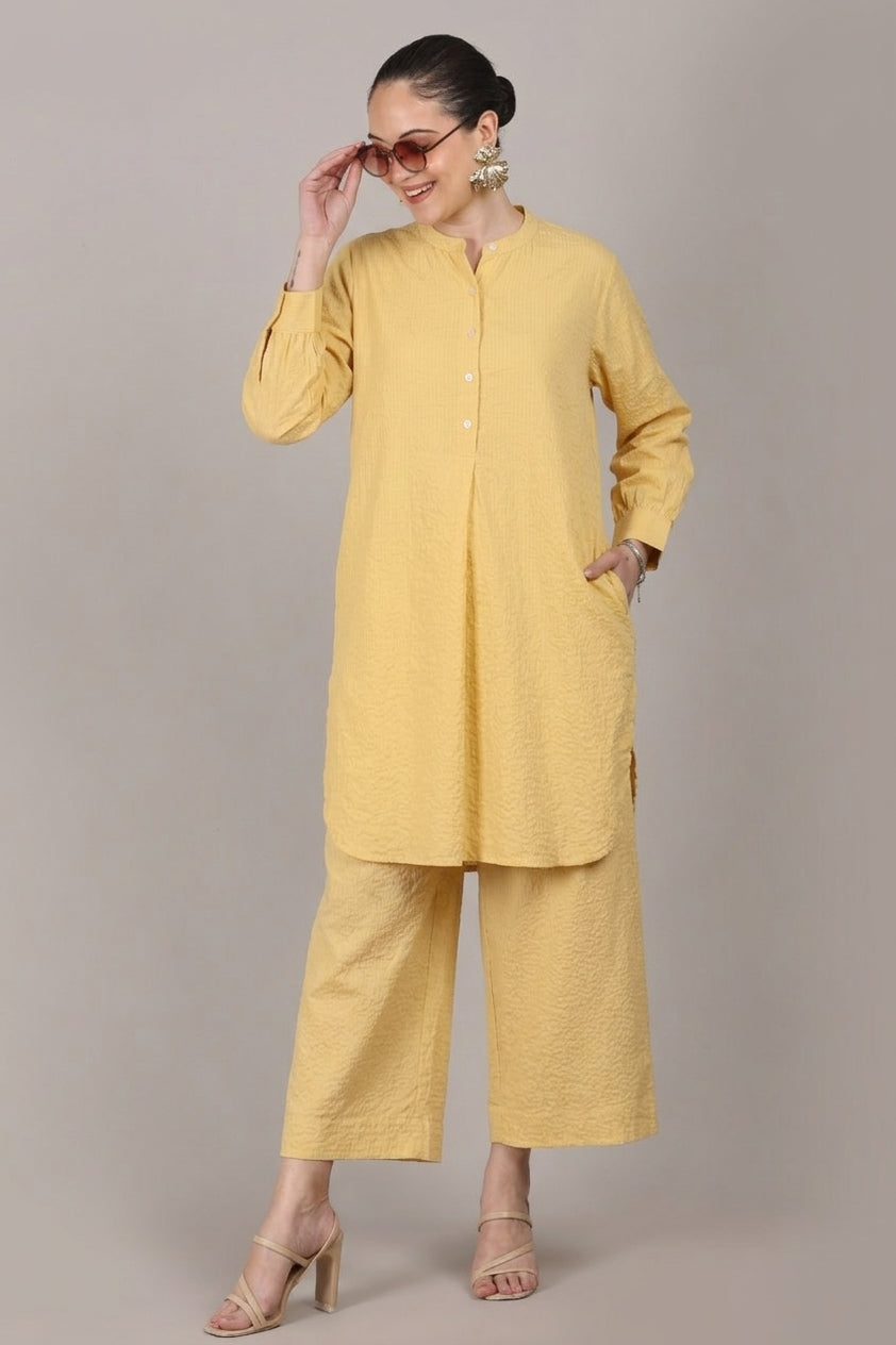 Lemon Yellow Seersucker Cotton A-Line Kurta Pant Co-Ord Set