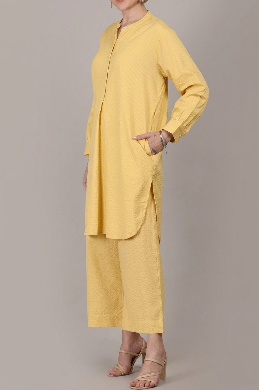 Lemon Yellow Seersucker Cotton A-Line Kurta Pant Co-Ord Set